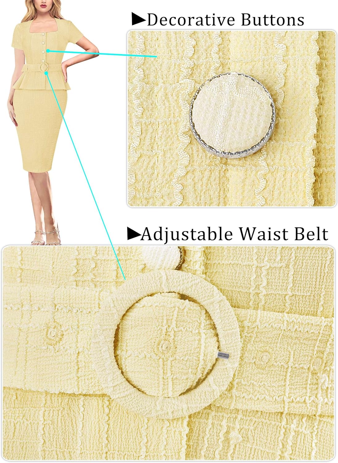 VFSHOW Womens 2024 Business Work Office Square Neck Belted Peplum Buttons Slim Bodycon Sheath Dress
