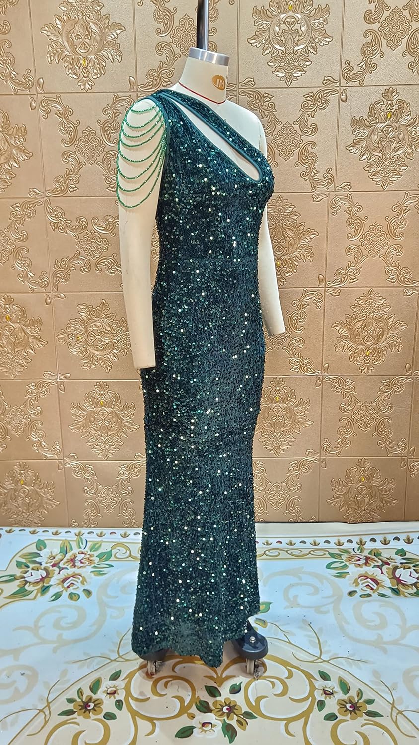 Cololura Women Sequin Elegant Sexy One Shoulder Tassel Mermaid Bodycon Cocktail Evening Dress