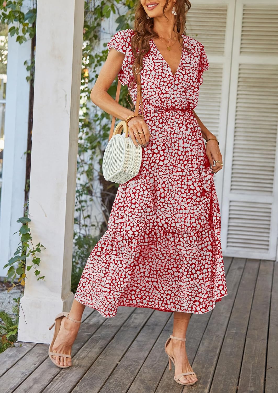 PRETTYGARDEN Women's Summer Floral Boho Dress Wrap V Neck Short Sleeve Ruffle A-Line Flowy Maxi Wedding Guest Dresses