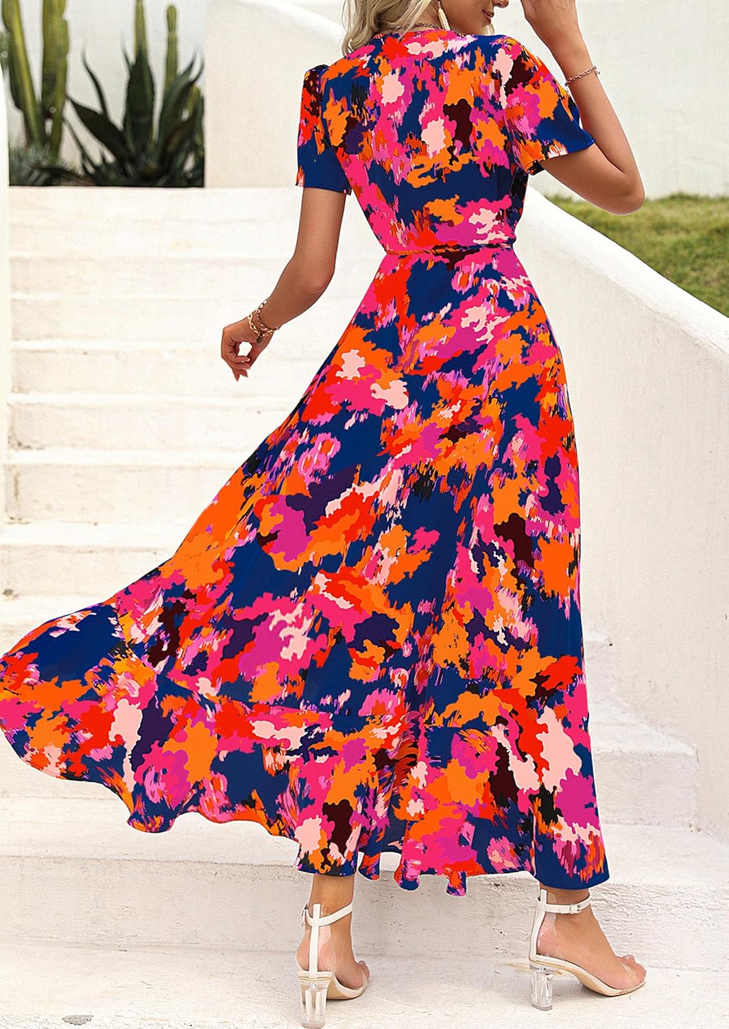 PRETTYGARDEN Women's Summer Wrap Maxi Dress Casual Short Sleeve Floral Boho V Neck Split Ruffle Beach Long Dresses