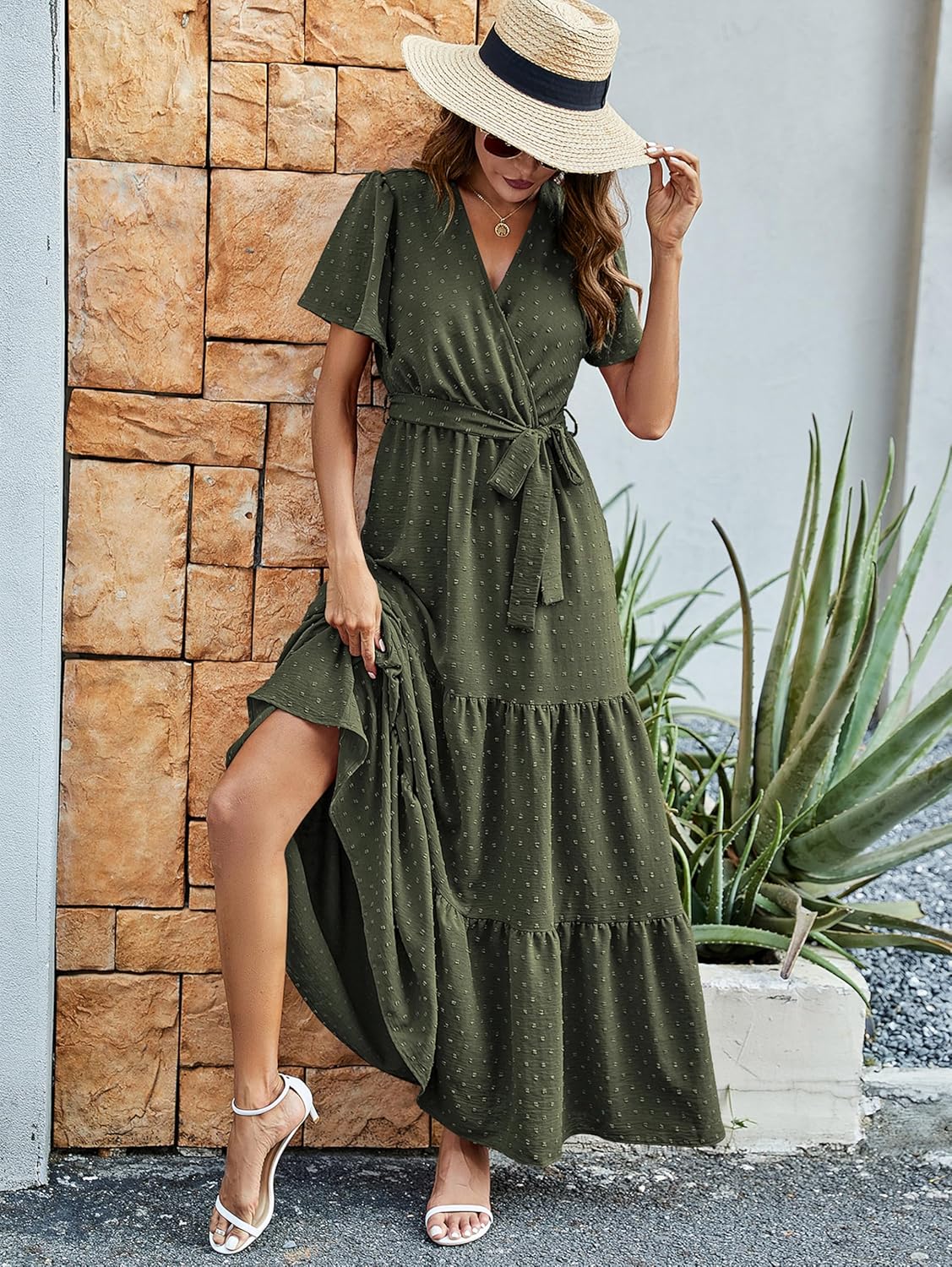 MASCOMODA Womens Boho Swiss Dot Maxi Dresses Wrap V Neck Flutter Short Sleeve Solid Tie Belt A Line Tiered Flowy Long Dress
