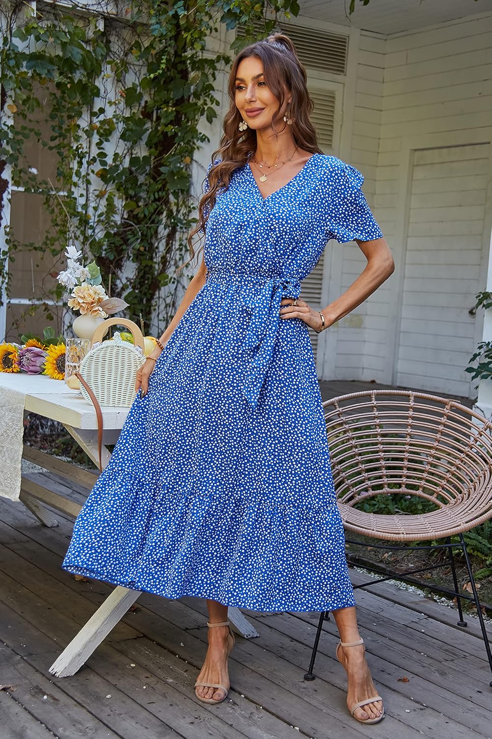 PRETTYGARDEN Women's Summer Floral Boho Dress Wrap V Neck Short Sleeve Ruffle A-Line Flowy Maxi Wedding Guest Dresses