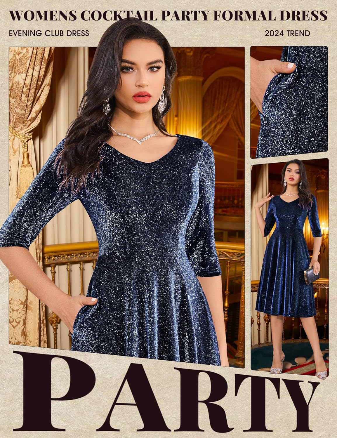 Dressystar Womens Long-Sleeve Wedding Guest Dress A-Line Lace Formal Party Cocktail Midi Dress Prom Gown