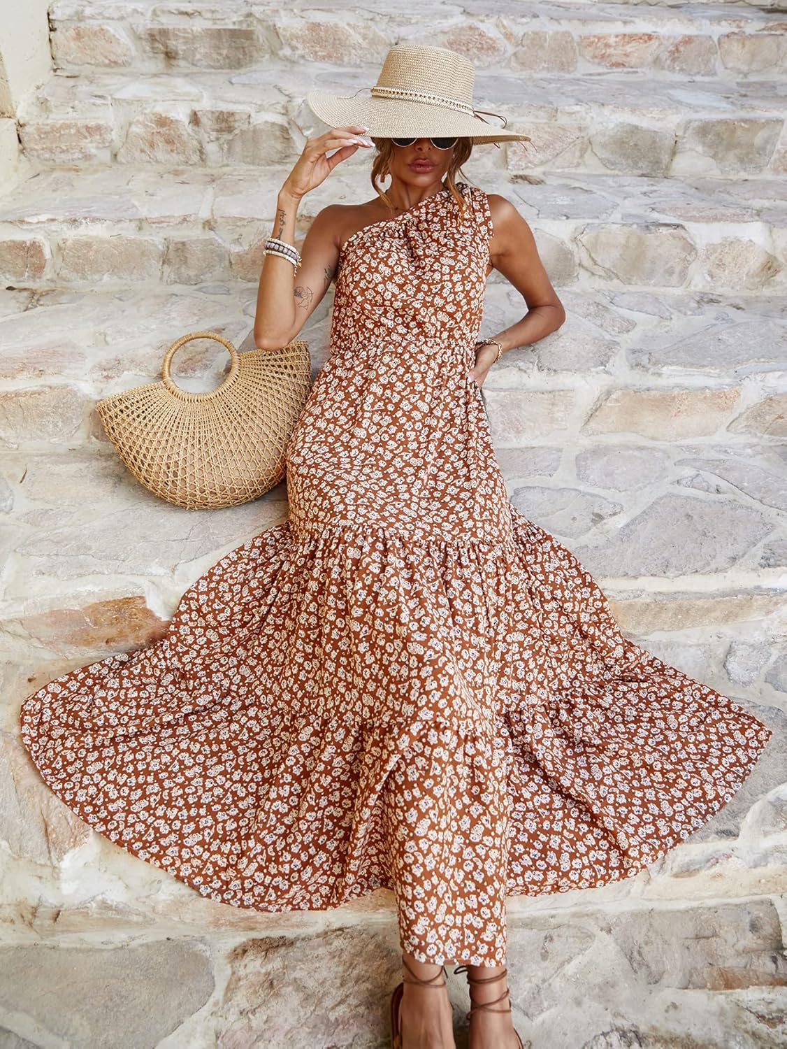 PRETTYGARDEN Women's Summer Floral Maxi Dress Knot One Shoulder Sleeveless Ruffle Flowy Boho Beach Wedding Guest Dresses
