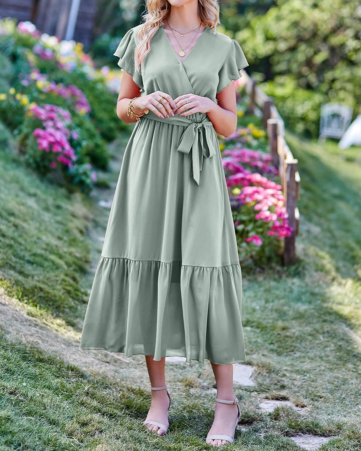 BTFBM Women Summer Bohemian Floral Casual Wrap V Neck Ruffle Cap Sleeveless Belt A-Line Pleated Hem Midi Sun Dress White