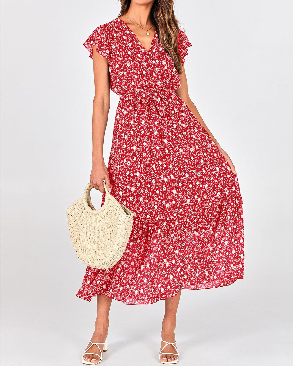 BTFBM Women Summer Bohemian Floral Casual Wrap V Neck Ruffle Cap Sleeveless Belt A-Line Pleated Hem Midi Sun Dress White