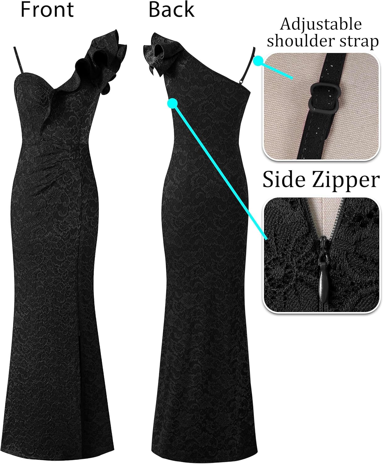 VFSHOW Womens Ruffle One Shoulder Strap Ruched Formal Prom Wedding Maxi Dress V Neck Elegant Split Cocktail Evening Long Gown