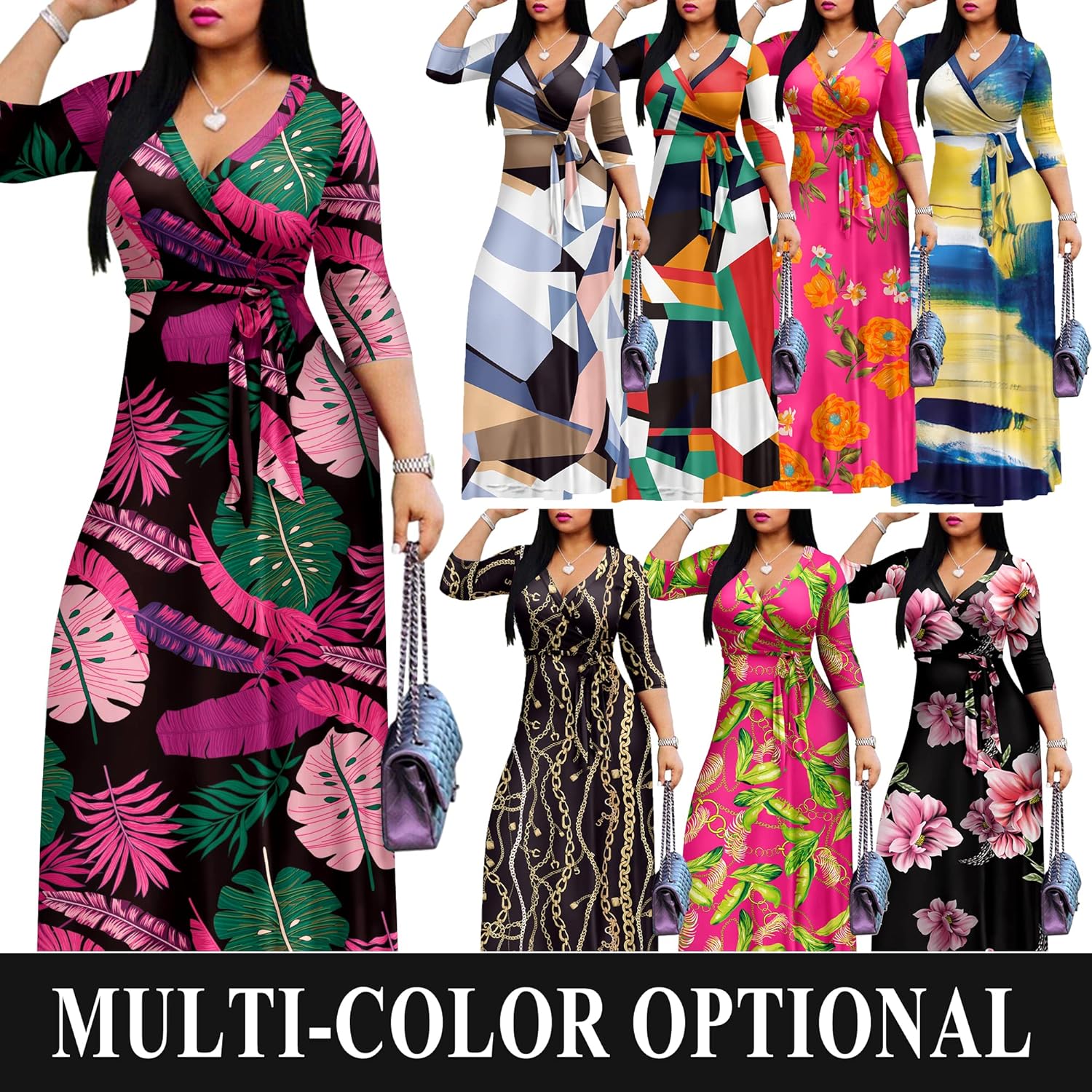 FANDEE Plus Size Maxi Dress for Women Casual Summer Sundress V-Neck 3/4 Sleeve