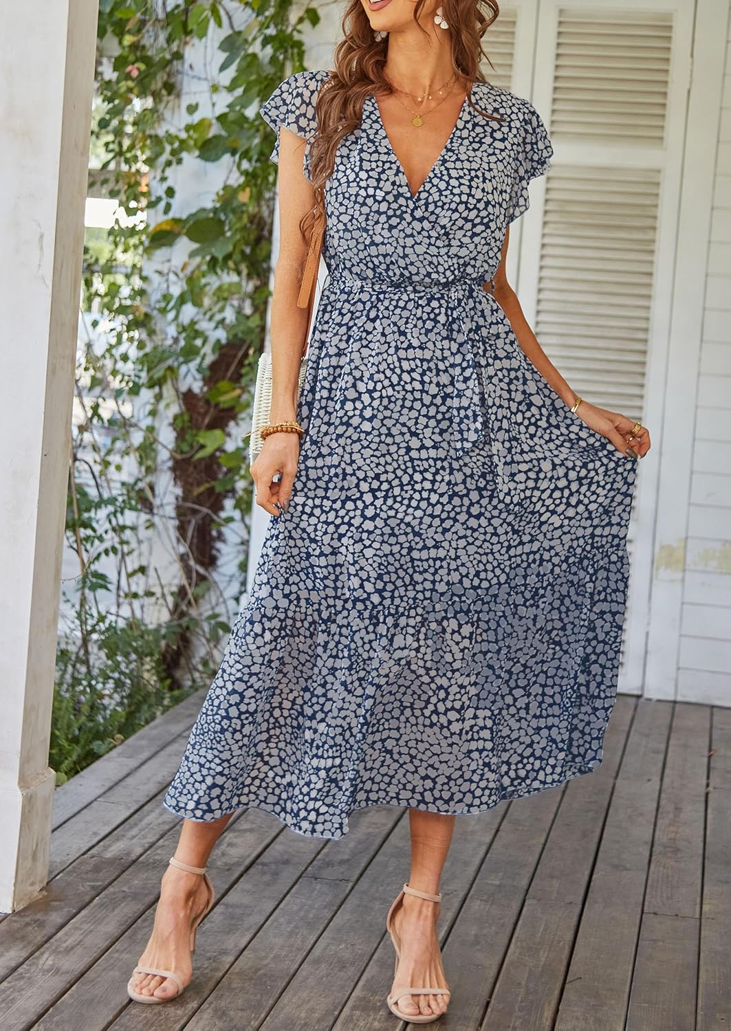 PRETTYGARDEN Women's Summer Floral Boho Dress Wrap V Neck Short Sleeve Ruffle A-Line Flowy Maxi Wedding Guest Dresses