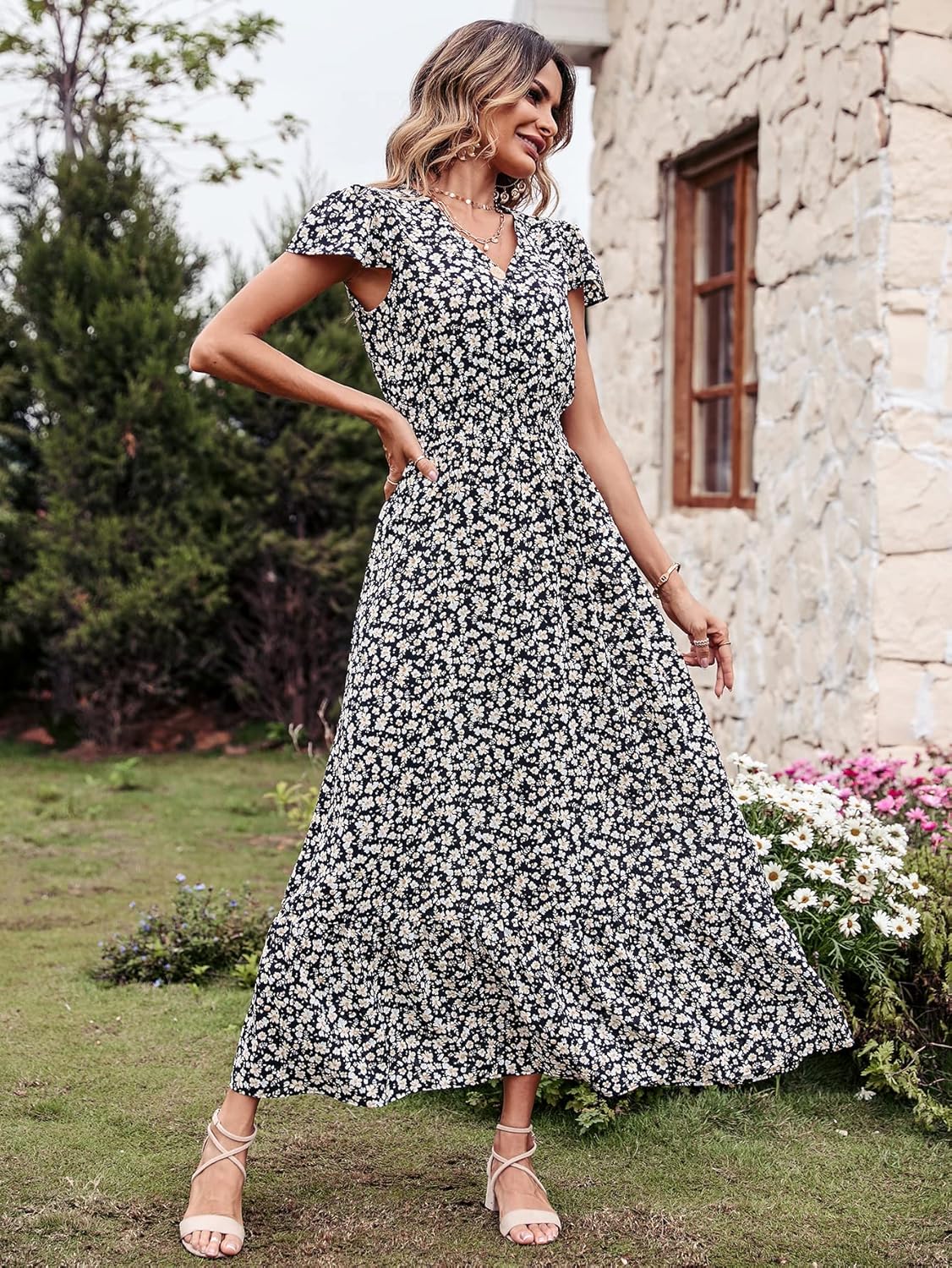 PRETTYGARDEN Womens Dresses 2025 Summer Maxi Dress Boho Short Sleeve V Neck Swiss Dot Ruffle Tiered Smocked Flowy Long Dress