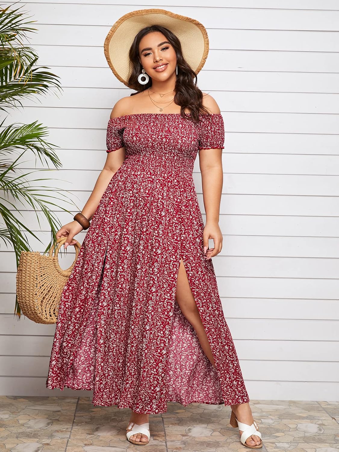 Floerns Women's Boho Floral Print Off Shoulder Split Long A Line Dress