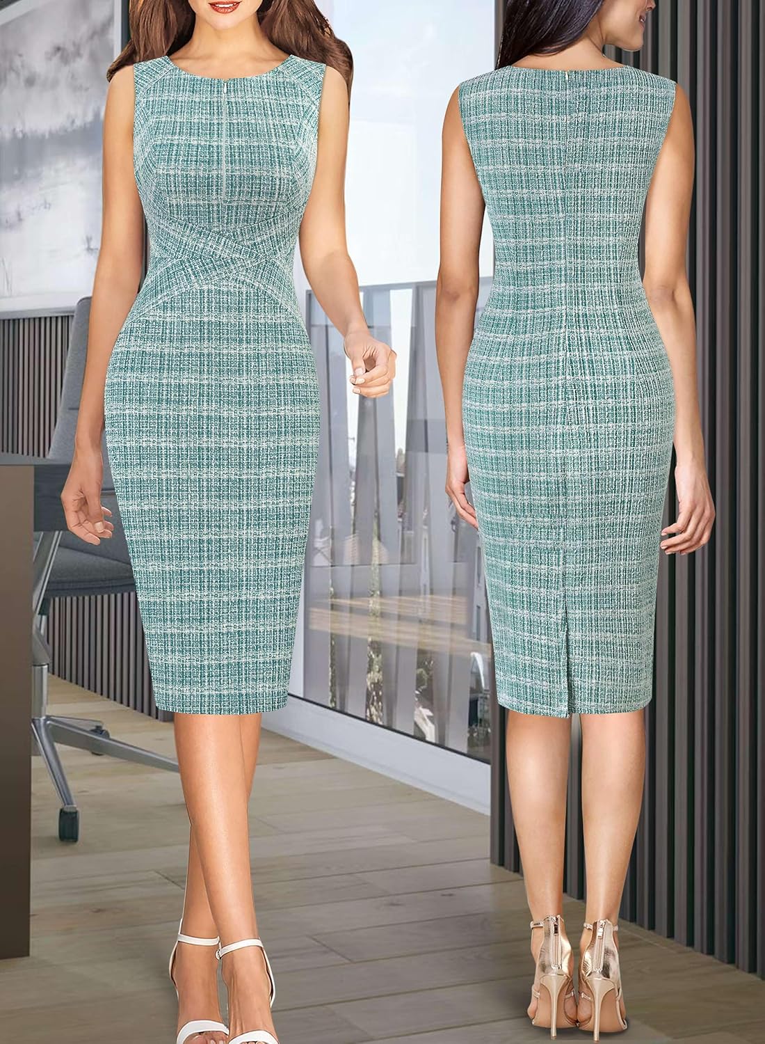 VFSHOW Womens Elegant Slim Front Zipper up Work Business Office Party Sheath Dress