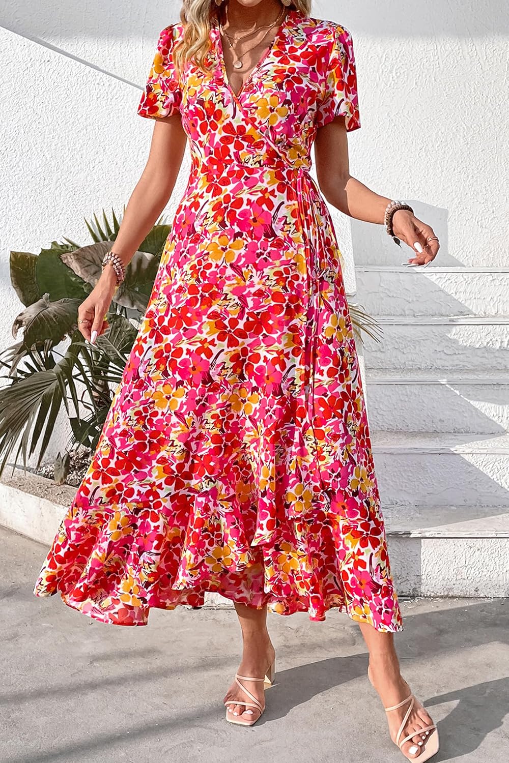 PRETTYGARDEN Women's Summer Wrap Maxi Dress Casual Short Sleeve Floral Boho V Neck Split Ruffle Beach Long Dresses