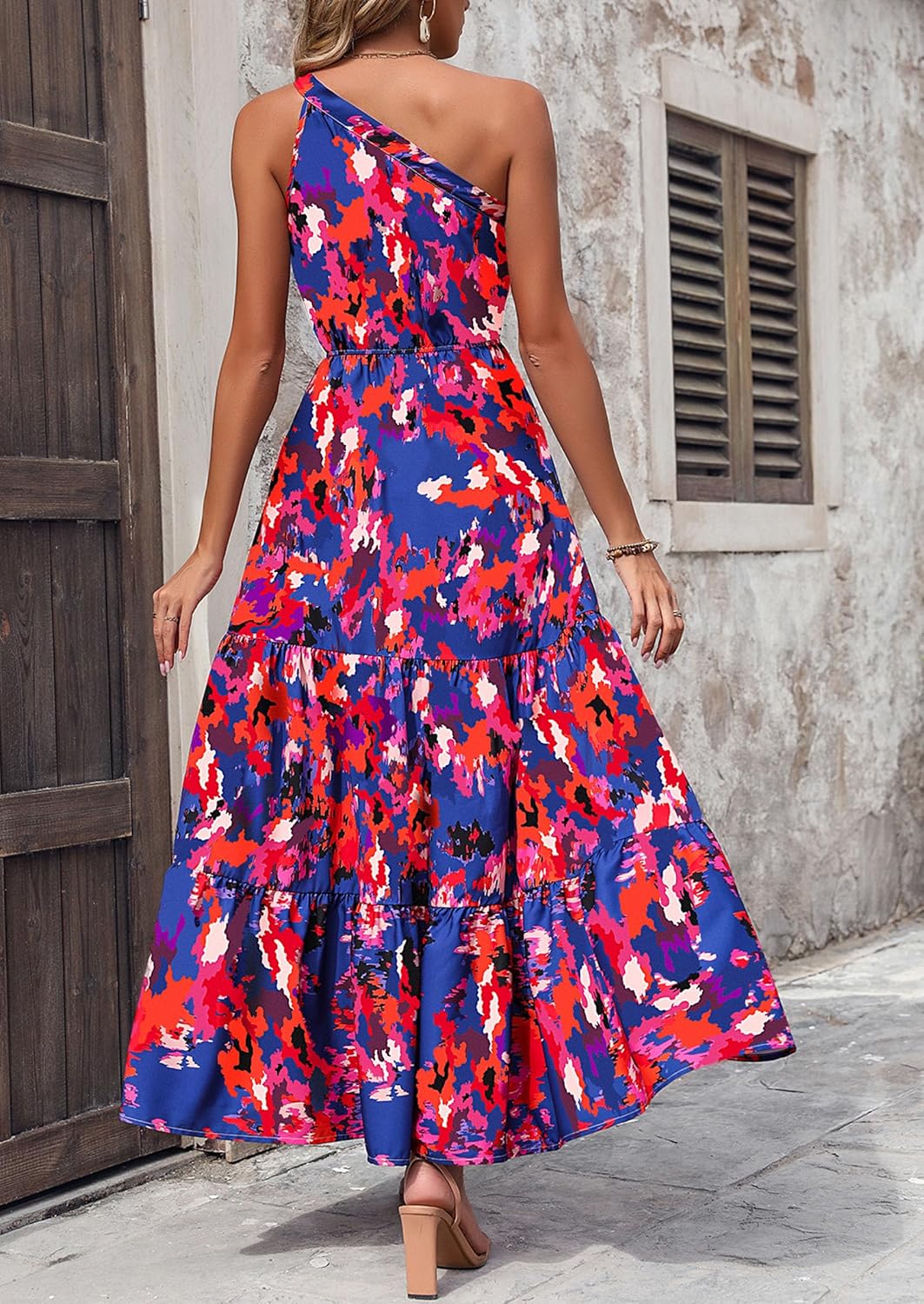 PRETTYGARDEN Women's Summer Floral Maxi Dress Knot One Shoulder Sleeveless Ruffle Flowy Boho Beach Wedding Guest Dresses