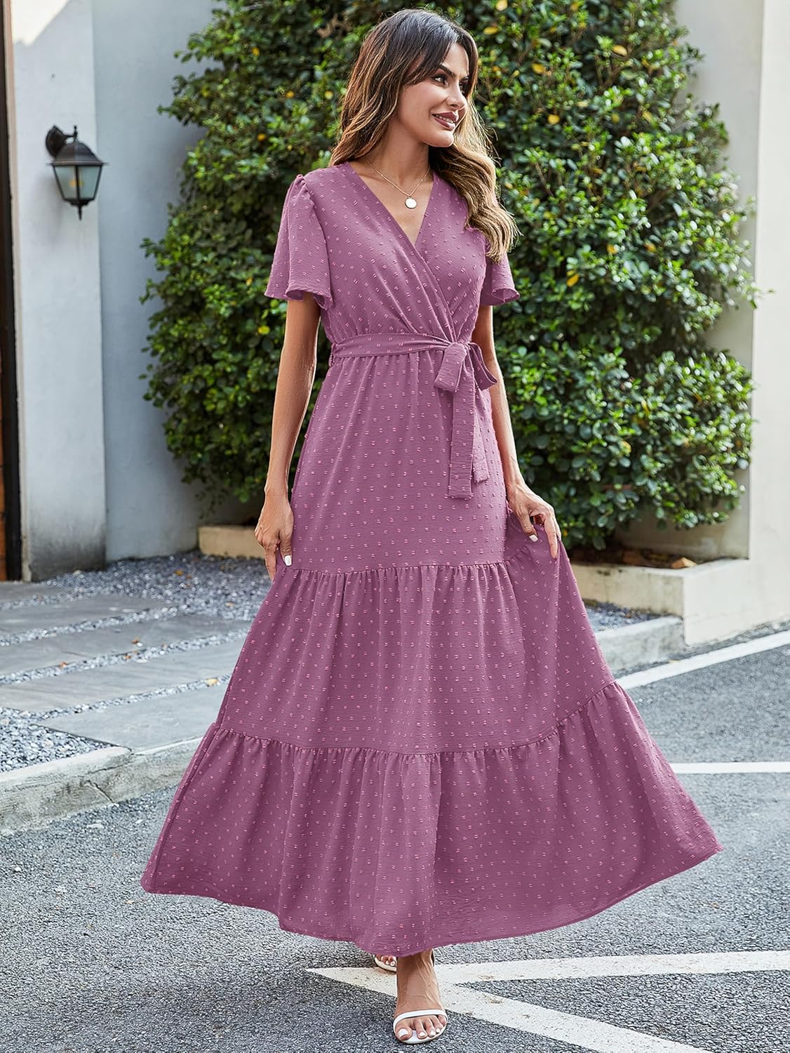 MASCOMODA Womens Boho Swiss Dot Maxi Dresses Wrap V Neck Flutter Short Sleeve Solid Tie Belt A Line Tiered Flowy Long Dress