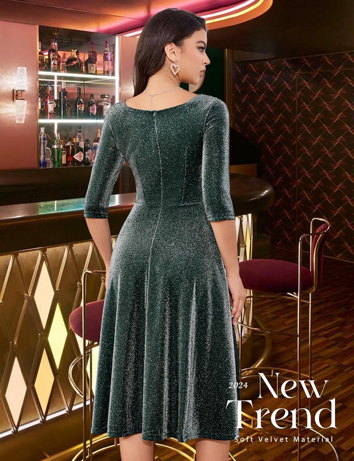 Dressystar Womens Long-Sleeve Wedding Guest Dress A-Line Lace Formal Party Cocktail Midi Dress Prom Gown
