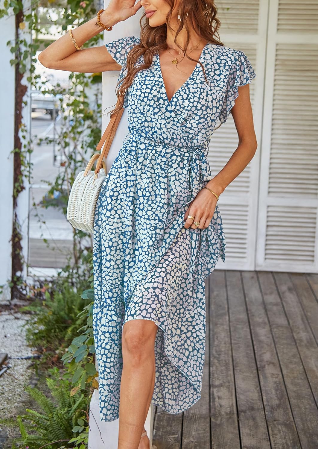 PRETTYGARDEN Women's Summer Floral Boho Dress Wrap V Neck Short Sleeve Ruffle A-Line Flowy Maxi Wedding Guest Dresses