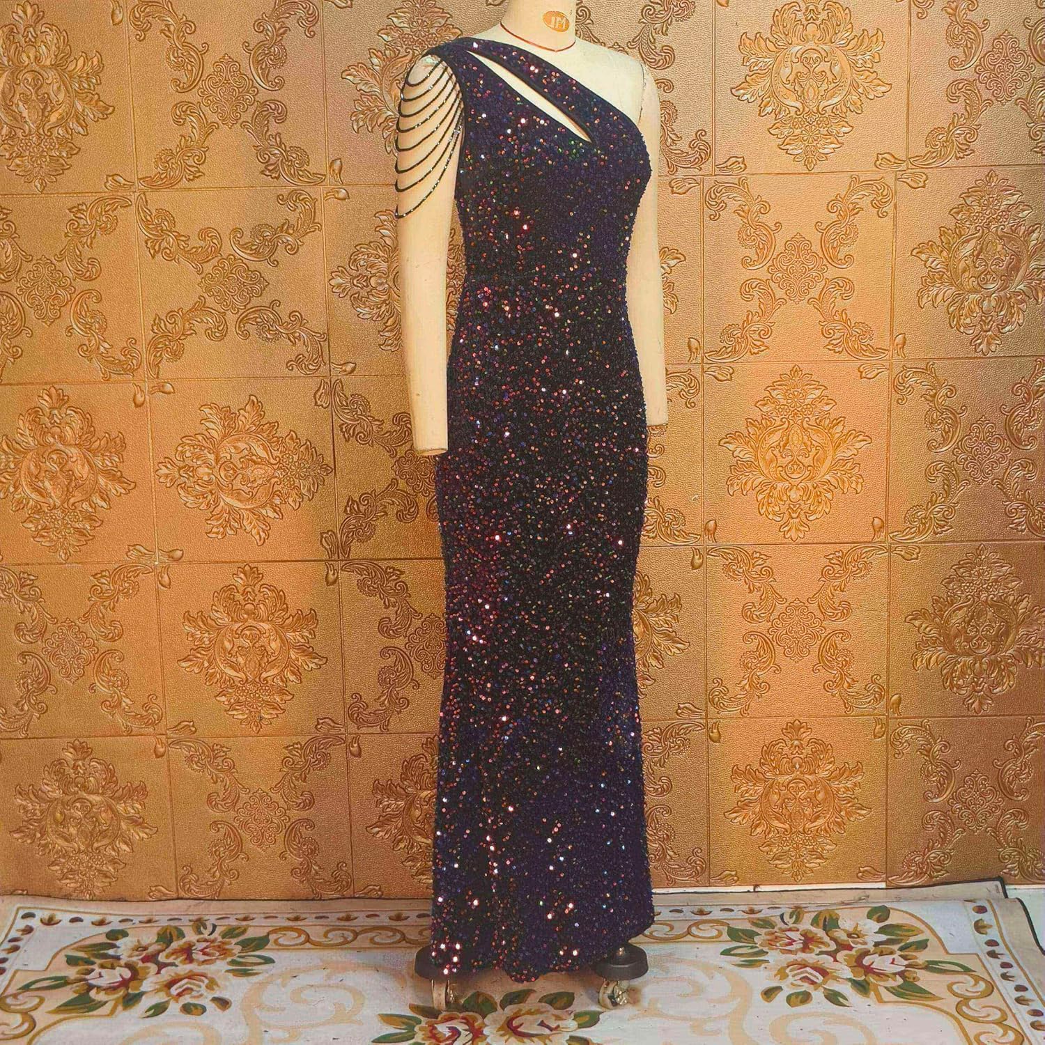 Cololura Women Sequin Elegant Sexy One Shoulder Tassel Mermaid Bodycon Cocktail Evening Dress