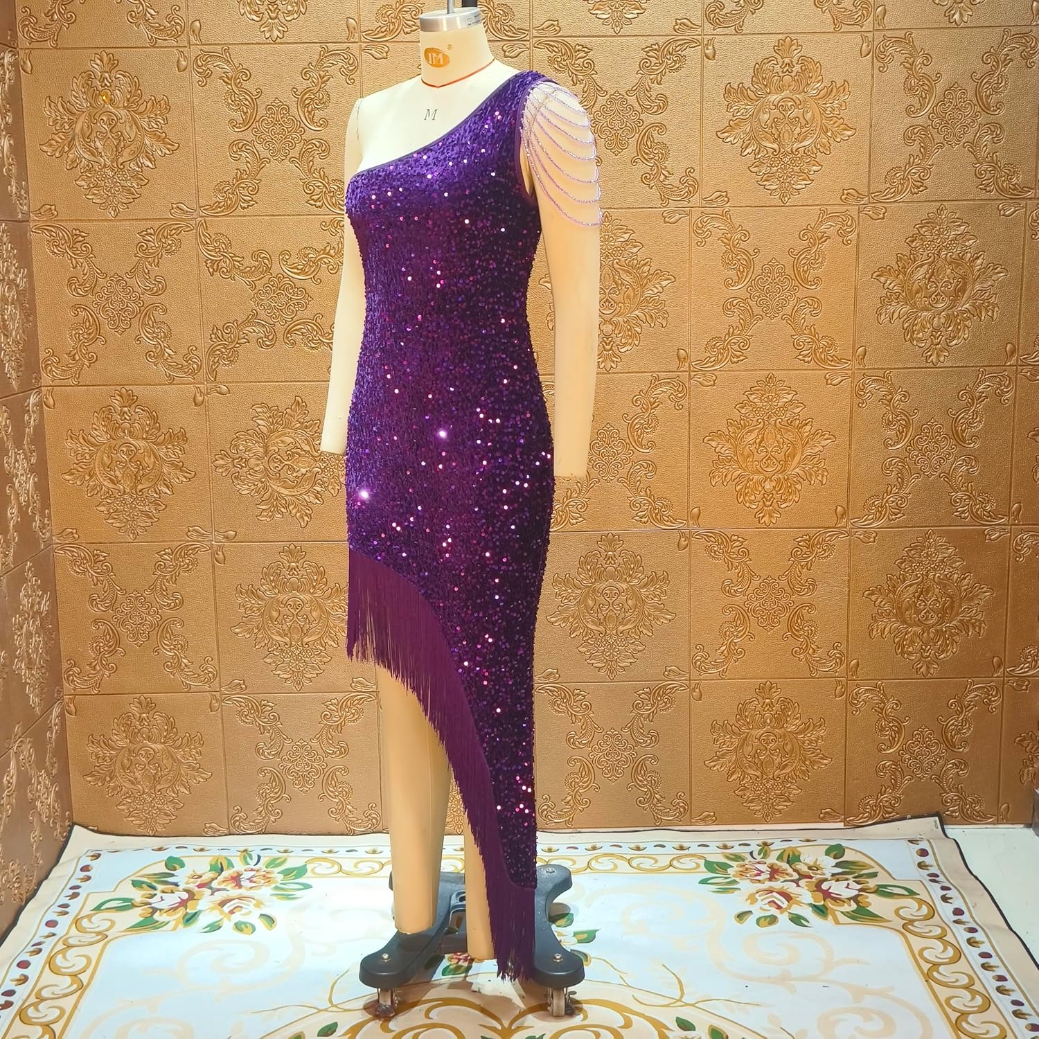 Cololura Women Sequin Elegant Sexy Tassels One Shoulder Mermaid Bodycon Cocktail Evening Midi Party Formal Dress