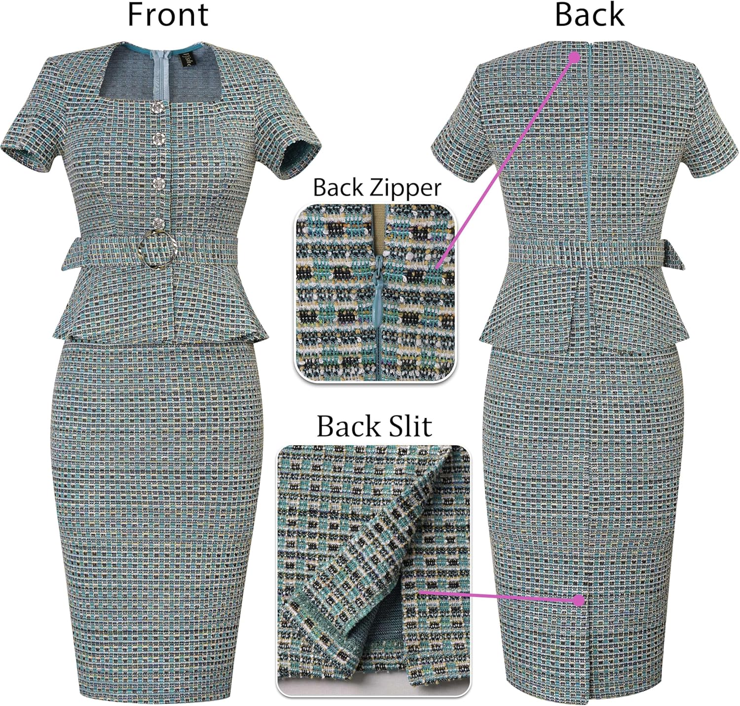 VFSHOW Womens 2024 Business Work Office Square Neck Belted Peplum Buttons Slim Bodycon Sheath Dress