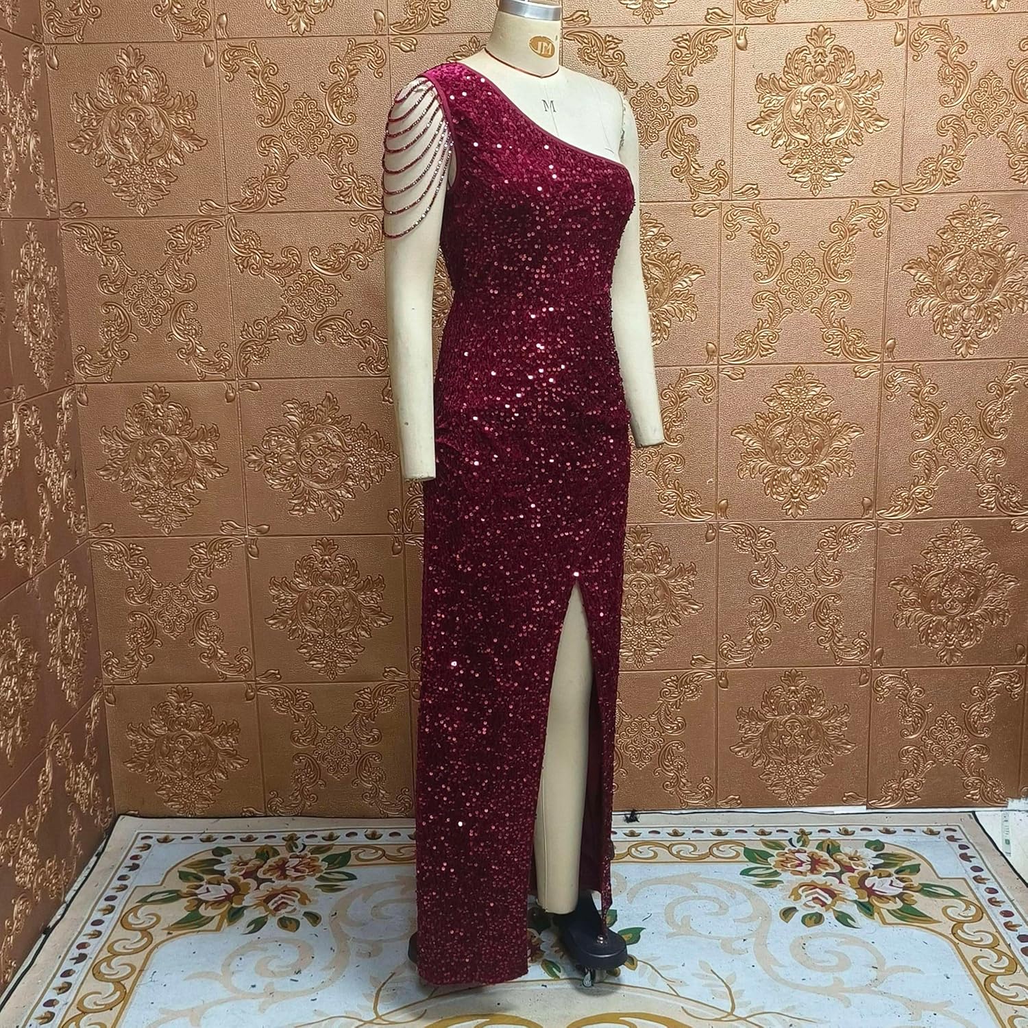 Cololura Women Sequin Elegant Sexy One Shoulder Tassel Mermaid Bodycon Cocktail Evening Dress