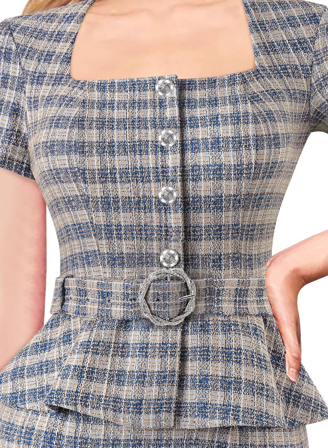 VFSHOW Womens 2024 Business Work Office Square Neck Belted Peplum Buttons Slim Bodycon Sheath Dress