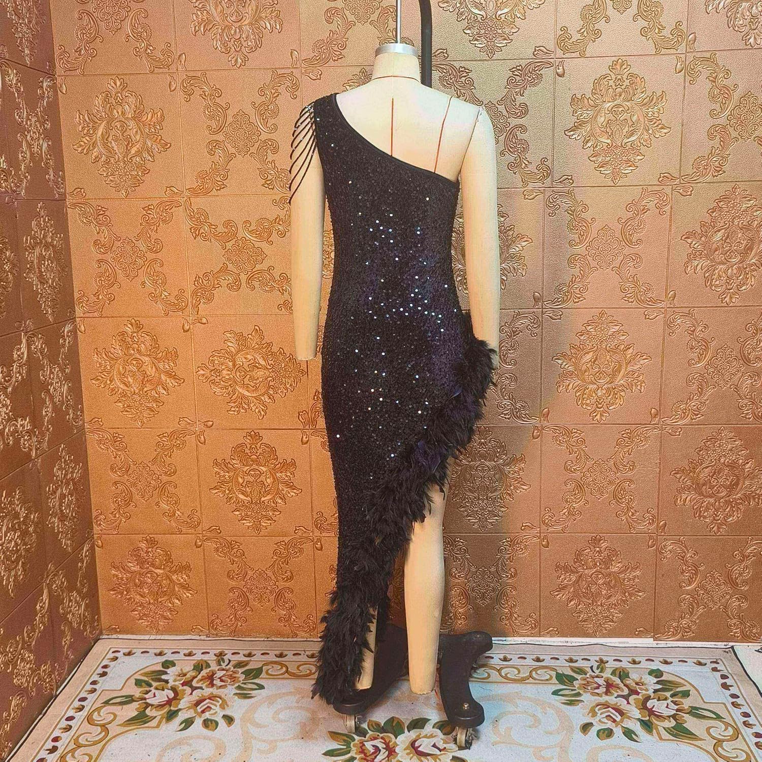 Cololura Women Sequin Elegant Sexy Tassels One Shoulder Mermaid Bodycon Cocktail Evening Midi Party Formal Dress