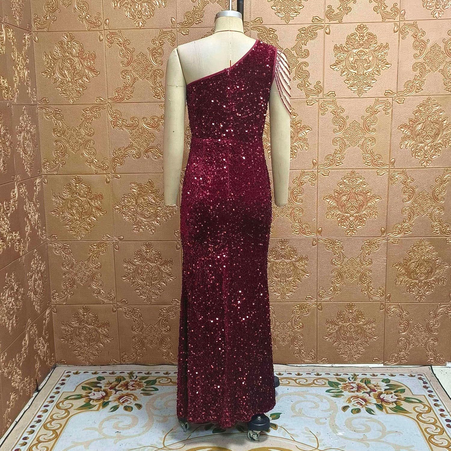 Cololura Women Sequin Elegant Sexy One Shoulder Tassel Mermaid Bodycon Cocktail Evening Dress