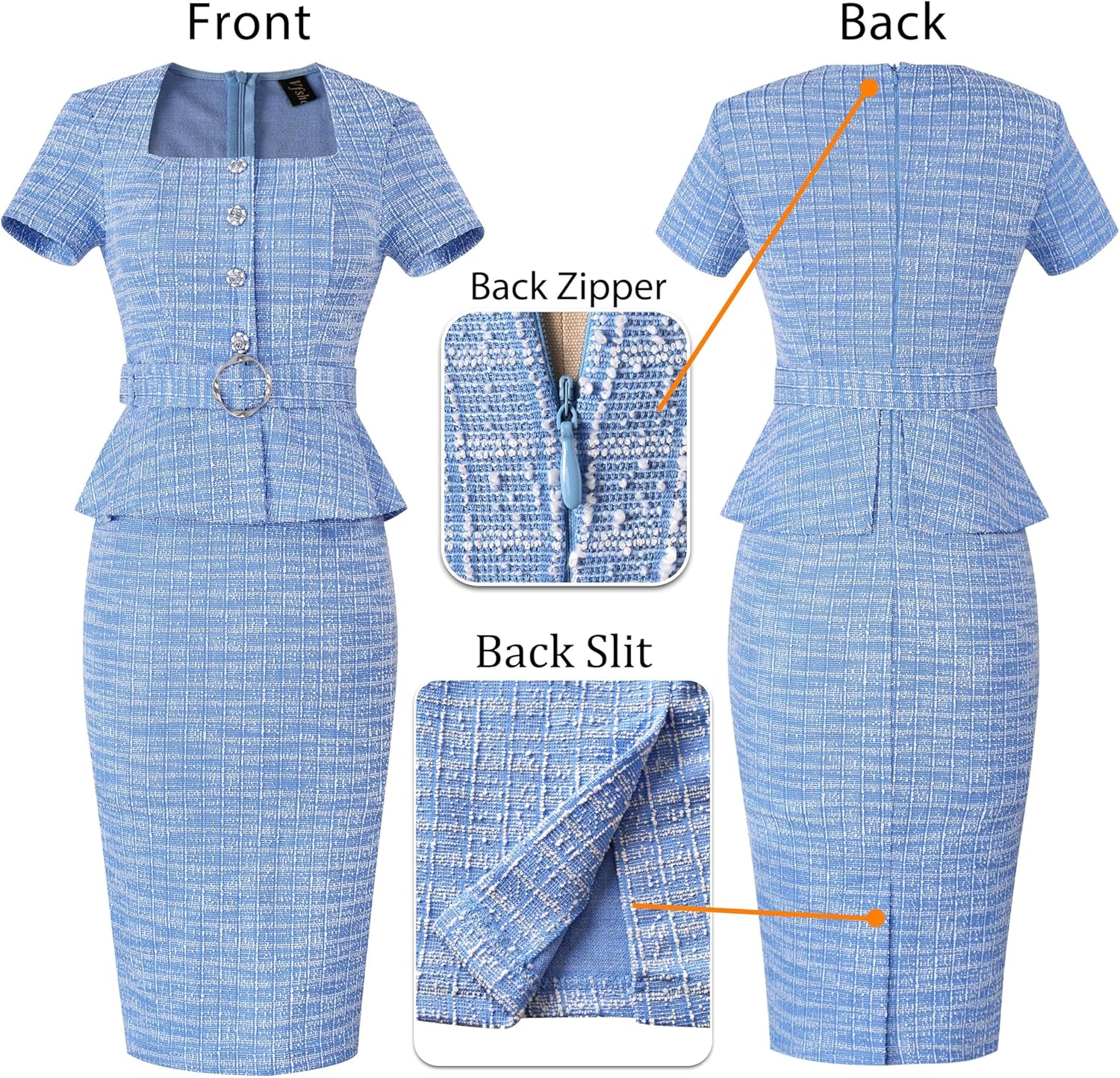 VFSHOW Womens 2024 Business Work Office Square Neck Belted Peplum Buttons Slim Bodycon Sheath Dress