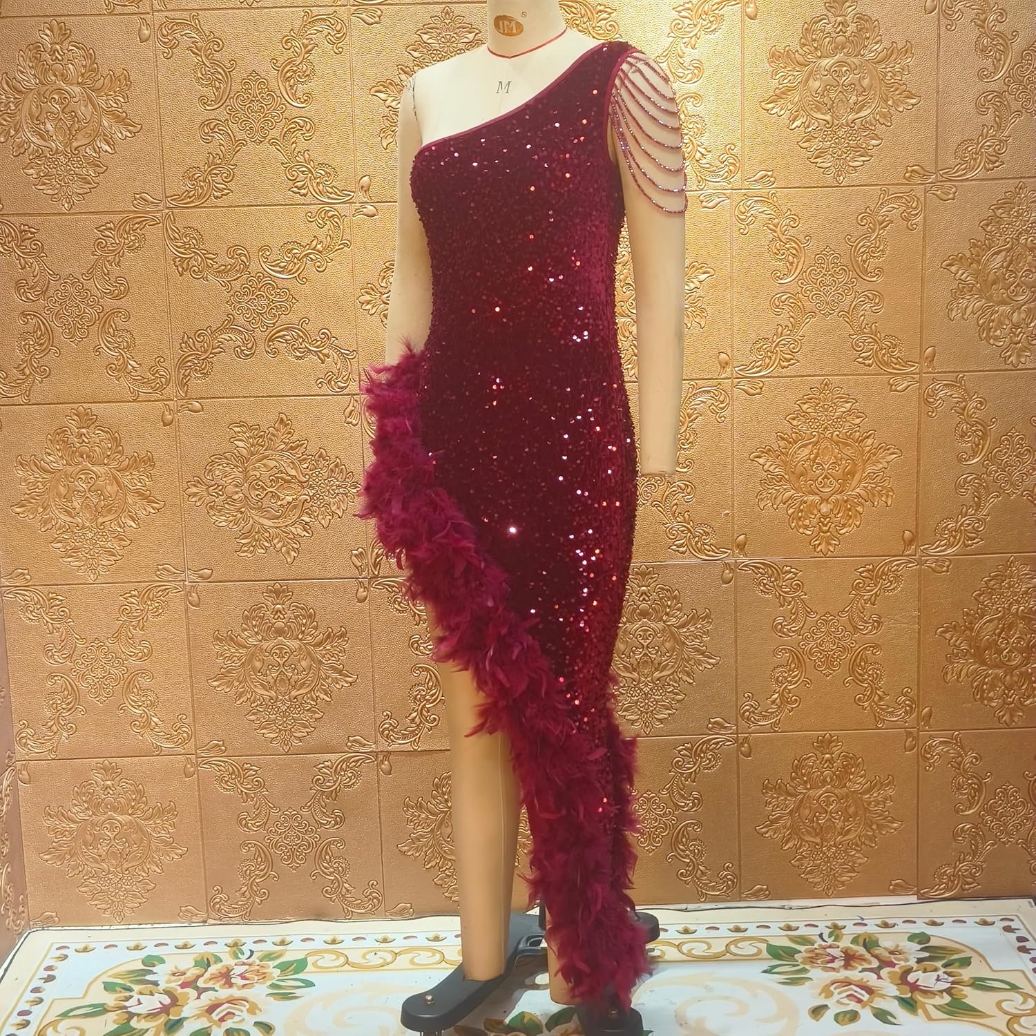 Cololura Women Sequin Elegant Sexy Tassels One Shoulder Mermaid Bodycon Cocktail Evening Midi Party Formal Dress