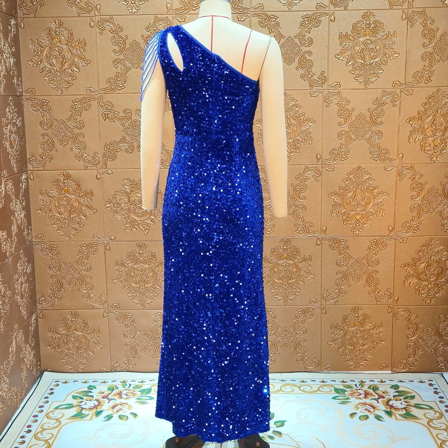 Cololura Women Sequin Elegant Sexy One Shoulder Tassel Mermaid Bodycon Cocktail Evening Dress