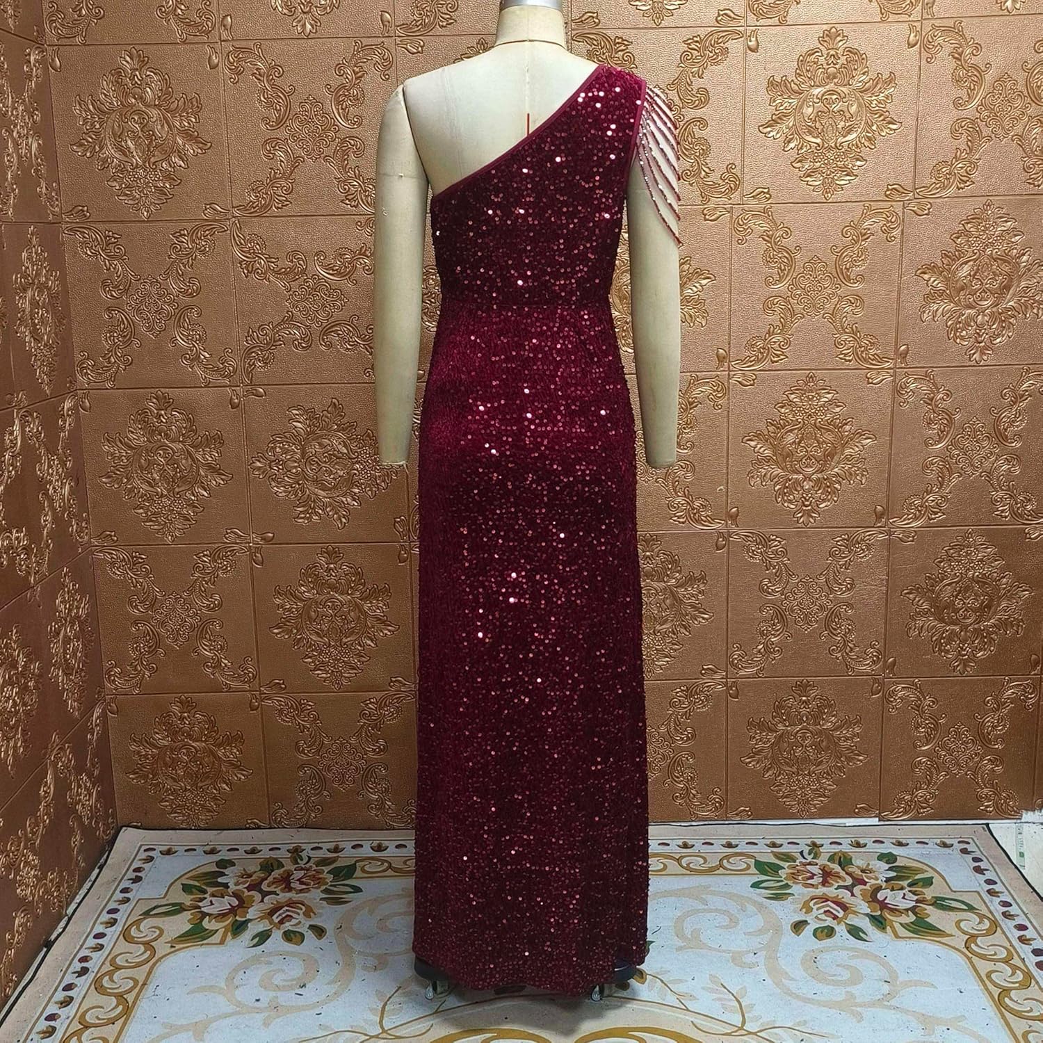 Cololura Women Sequin Elegant Sexy One Shoulder Tassel Mermaid Bodycon Cocktail Evening Dress