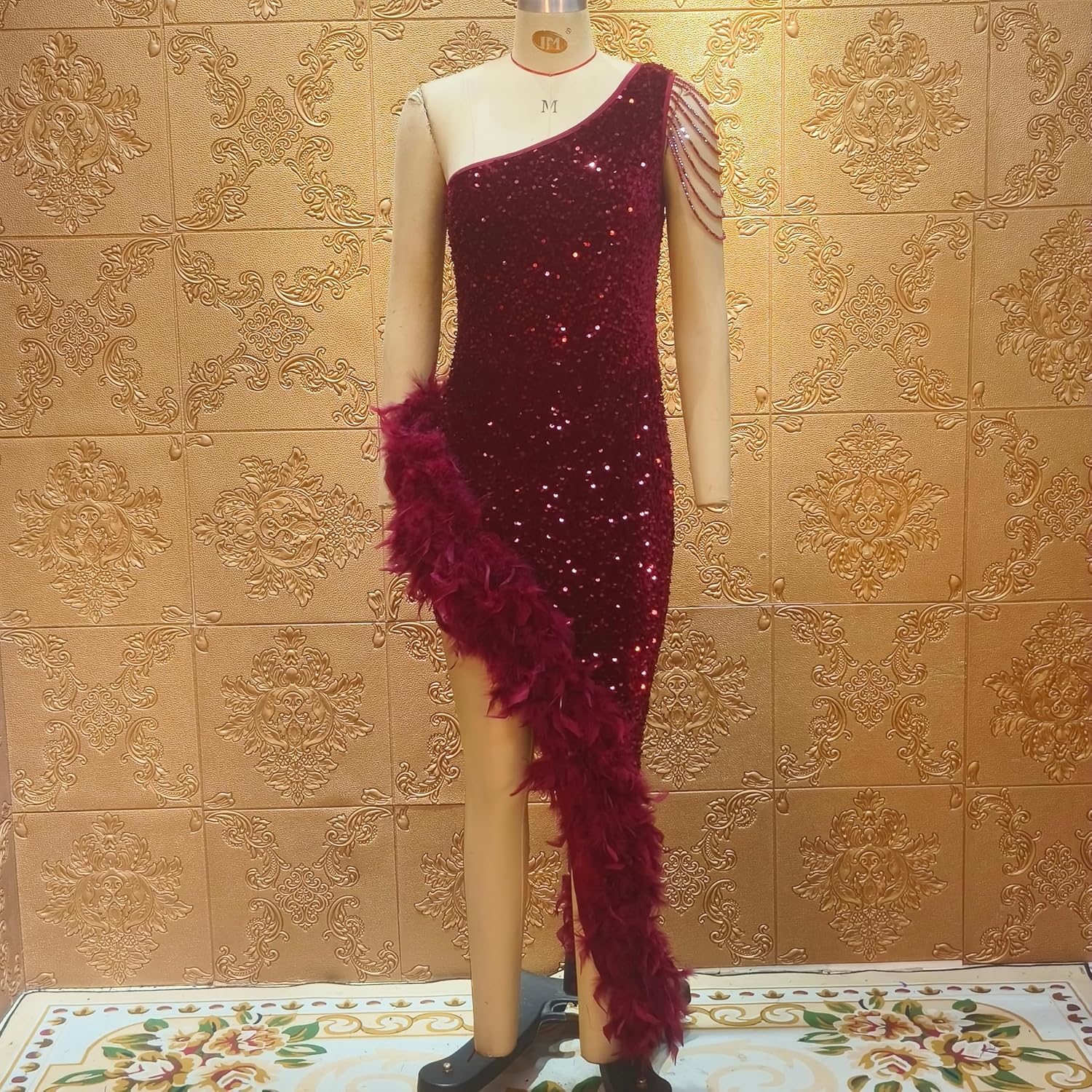 Cololura Women Sequin Elegant Sexy Tassels One Shoulder Mermaid Bodycon Cocktail Evening Midi Party Formal Dress