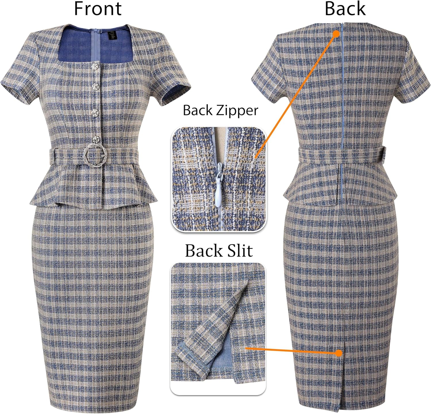 VFSHOW Womens 2024 Business Work Office Square Neck Belted Peplum Buttons Slim Bodycon Sheath Dress