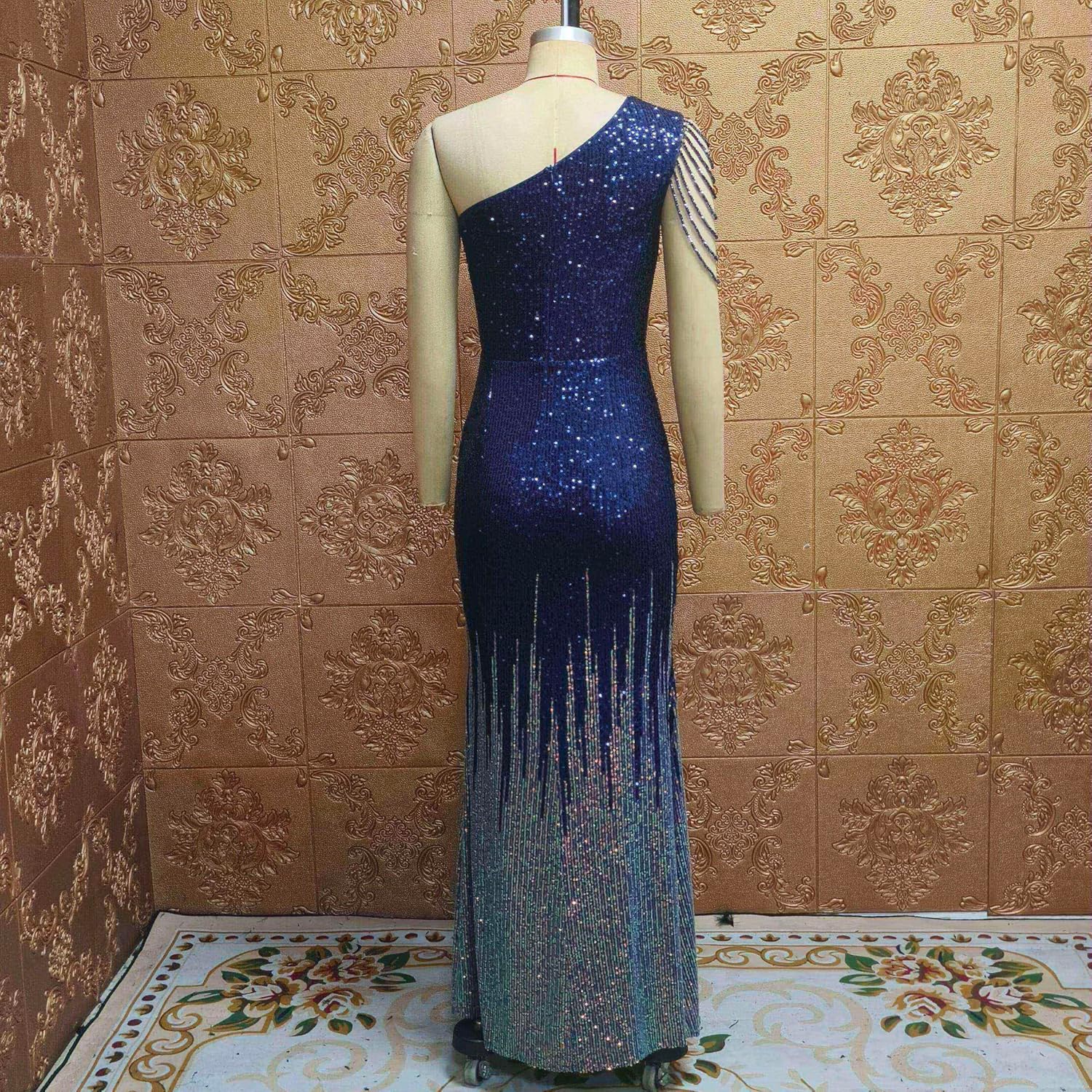 Cololura Women Sequin Elegant Sexy One Shoulder Tassel Mermaid Bodycon Cocktail Evening Dress