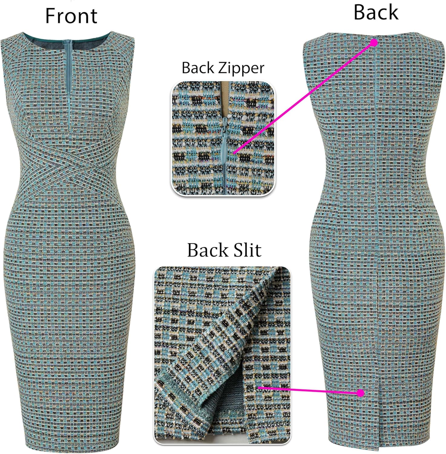 VFSHOW Womens Elegant Slim Front Zipper up Work Business Office Party Sheath Dress