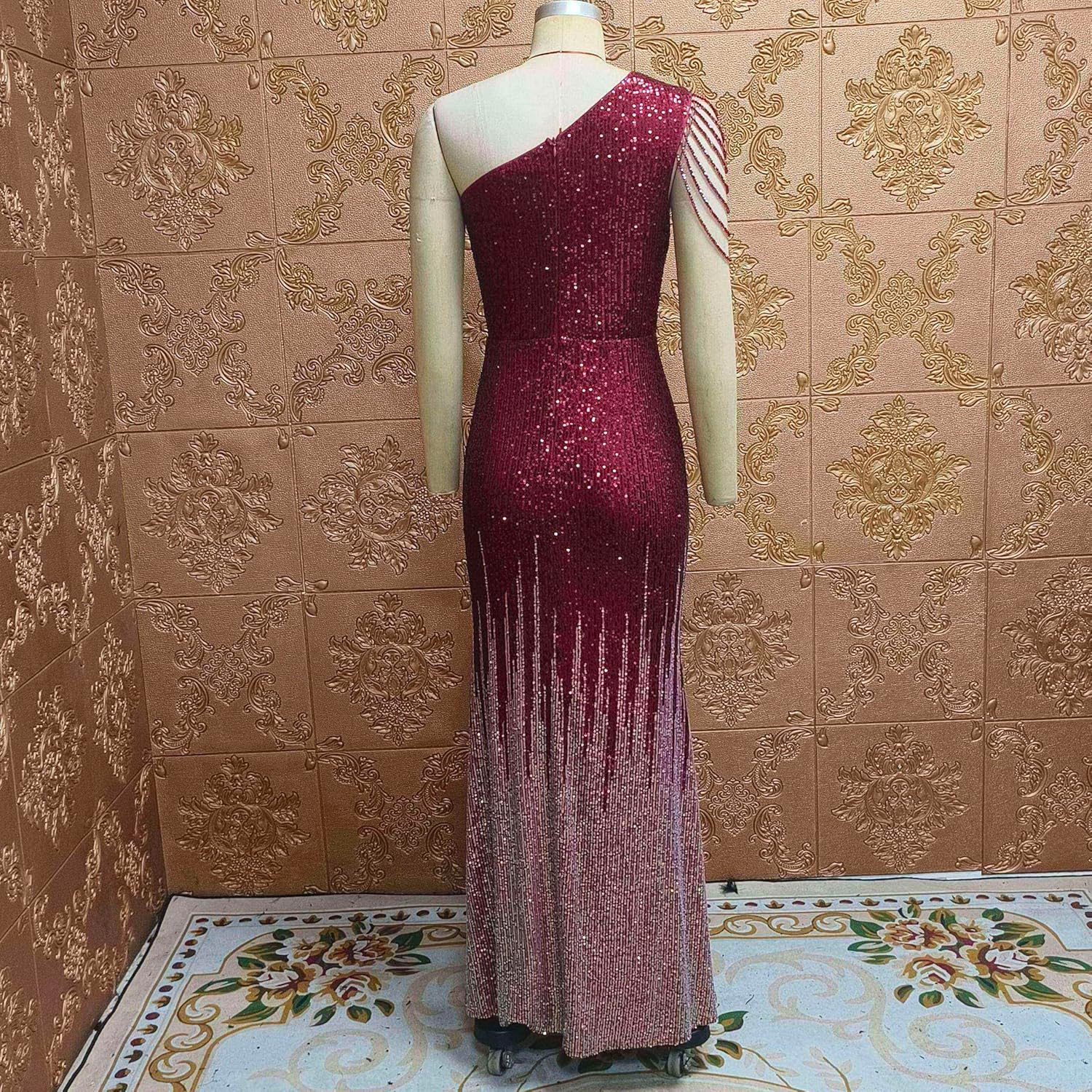 Cololura Women Sequin Elegant Sexy One Shoulder Tassel Mermaid Bodycon Cocktail Evening Dress