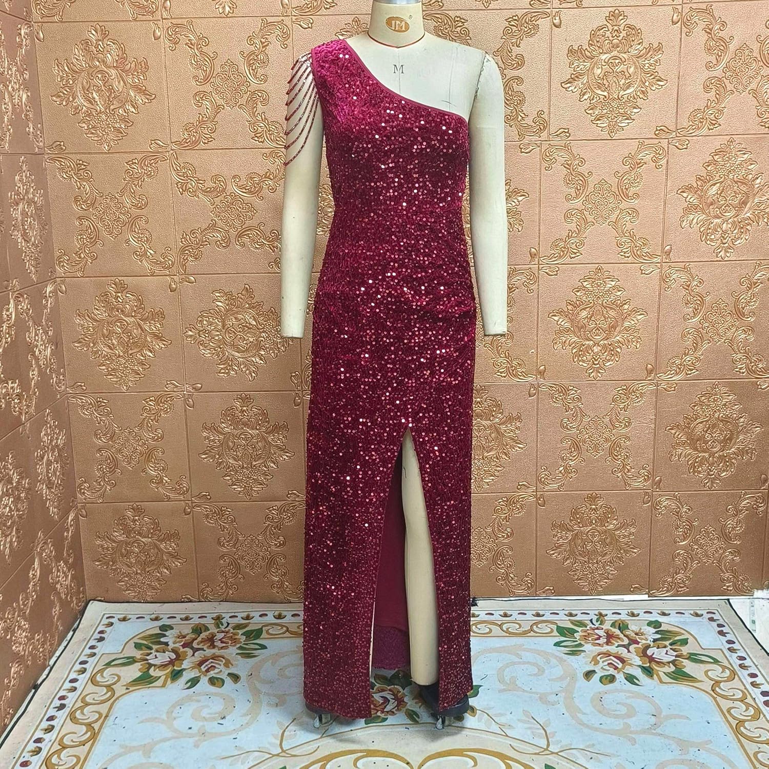 Cololura Women Sequin Elegant Sexy One Shoulder Tassel Mermaid Bodycon Cocktail Evening Dress