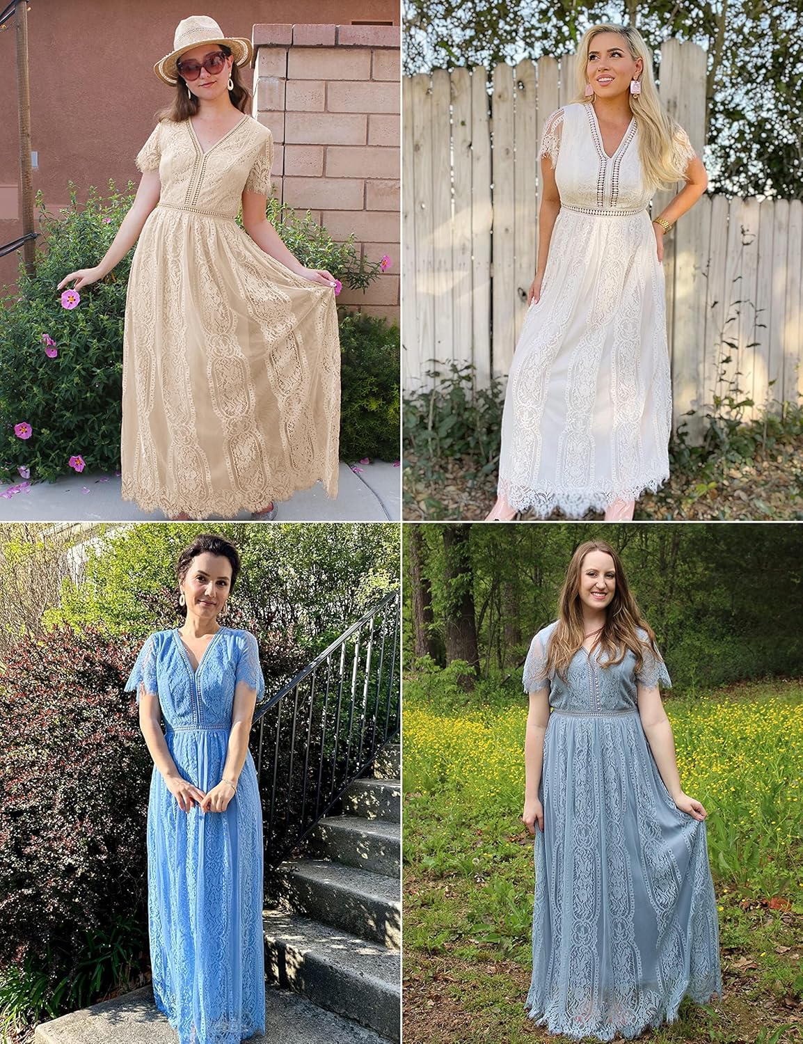 MEROKEETY Women's V Neck Short Sleeve Floral Lace Wedding Dress Bridesmaid Cocktail Party Maxi Dress