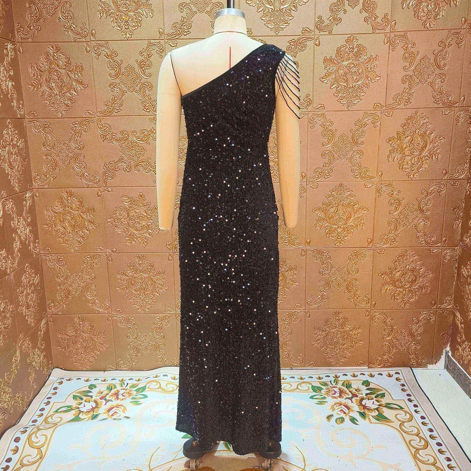 Cololura Women Sequin Elegant Sexy One Shoulder Tassel Mermaid Bodycon Cocktail Evening Dress