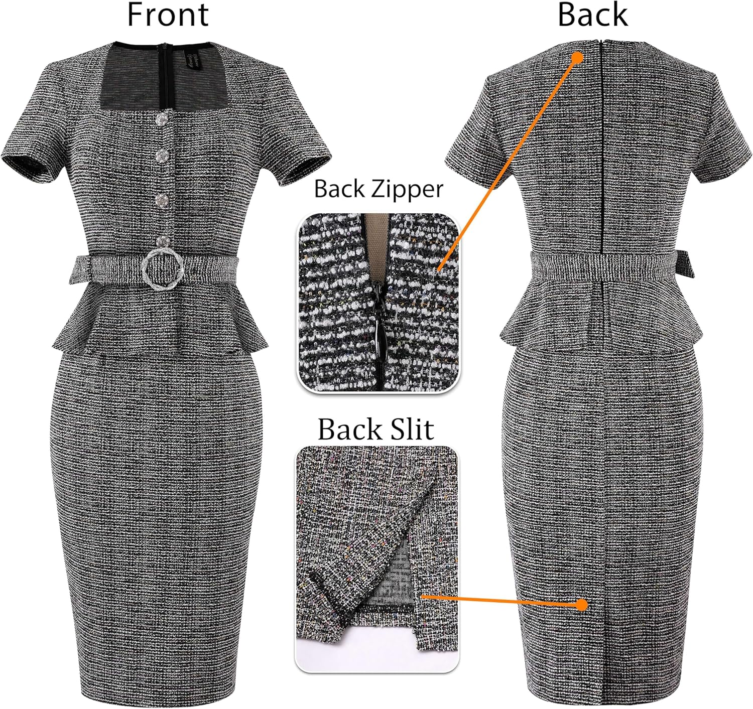 VFSHOW Womens 2024 Business Work Office Square Neck Belted Peplum Buttons Slim Bodycon Sheath Dress