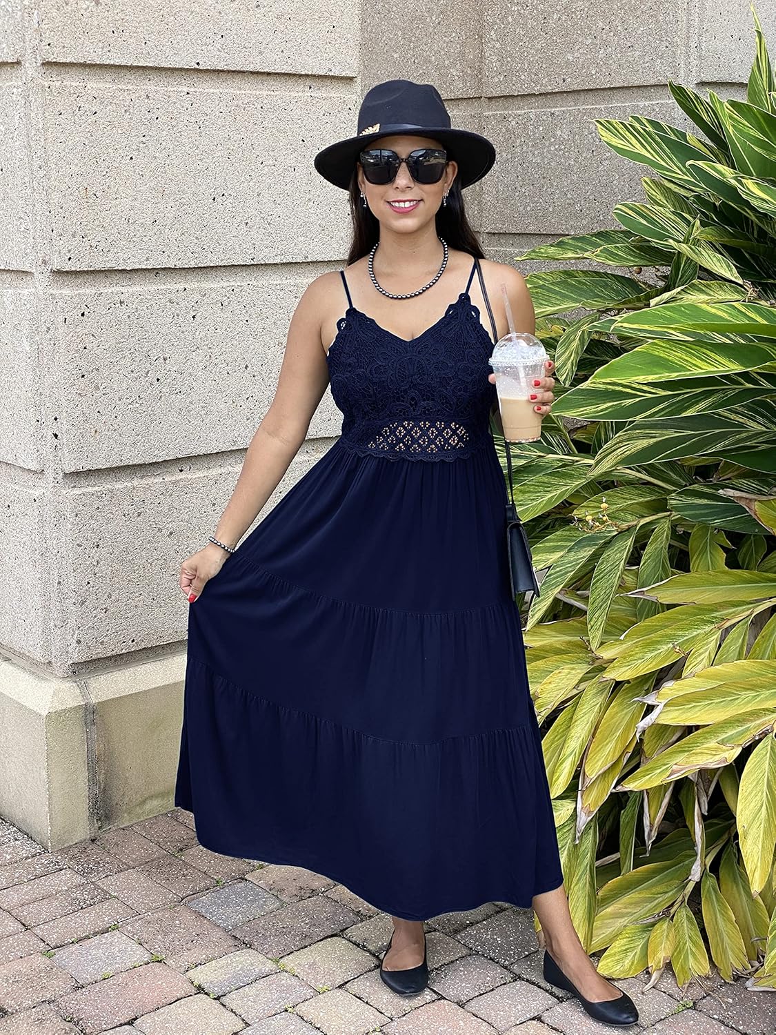 Dokuritu Women's Beach Crochet Lace Maxi Dress Solid Color Summer Vacation Spaghetti Strap Long Dress 2024