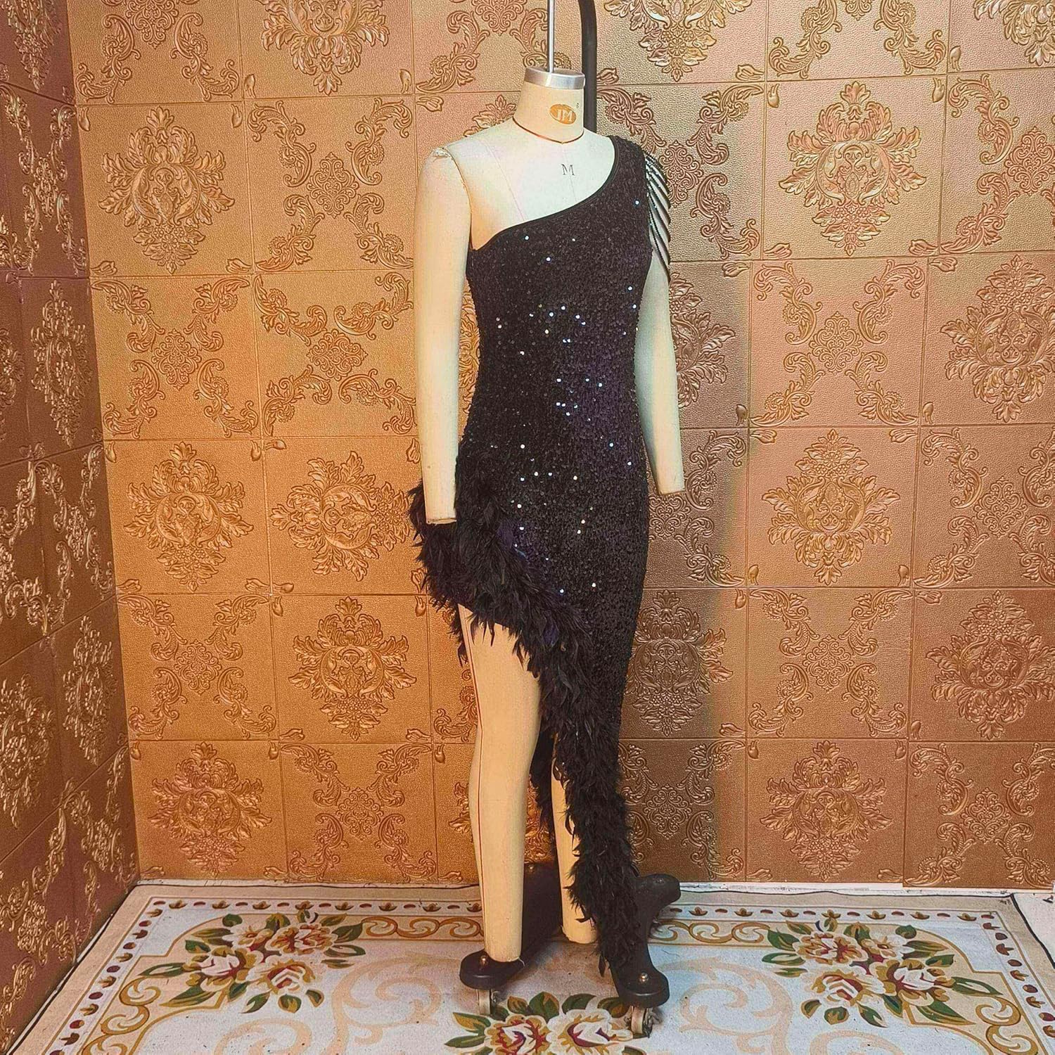Cololura Women Sequin Elegant Sexy Tassels One Shoulder Mermaid Bodycon Cocktail Evening Midi Party Formal Dress