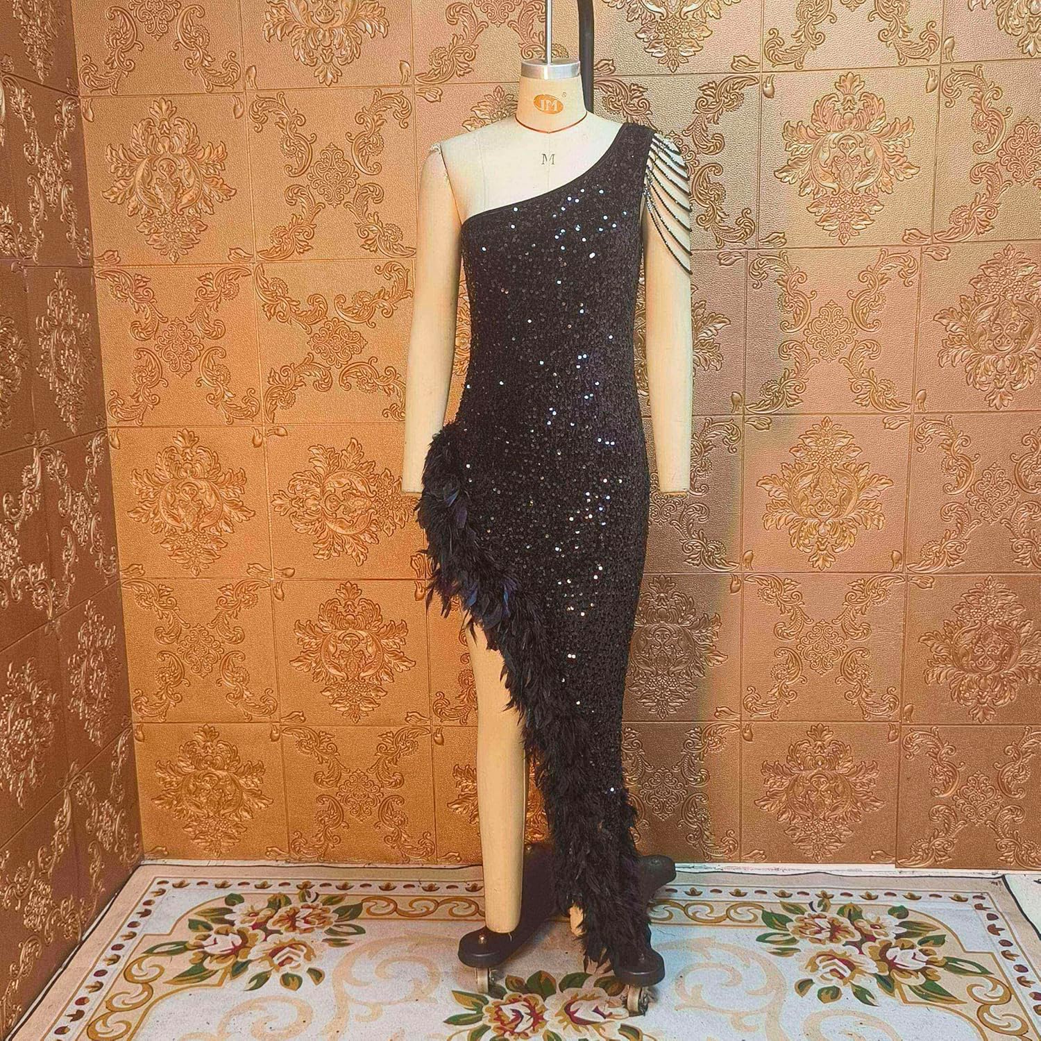 Cololura Women Sequin Elegant Sexy Tassels One Shoulder Mermaid Bodycon Cocktail Evening Midi Party Formal Dress