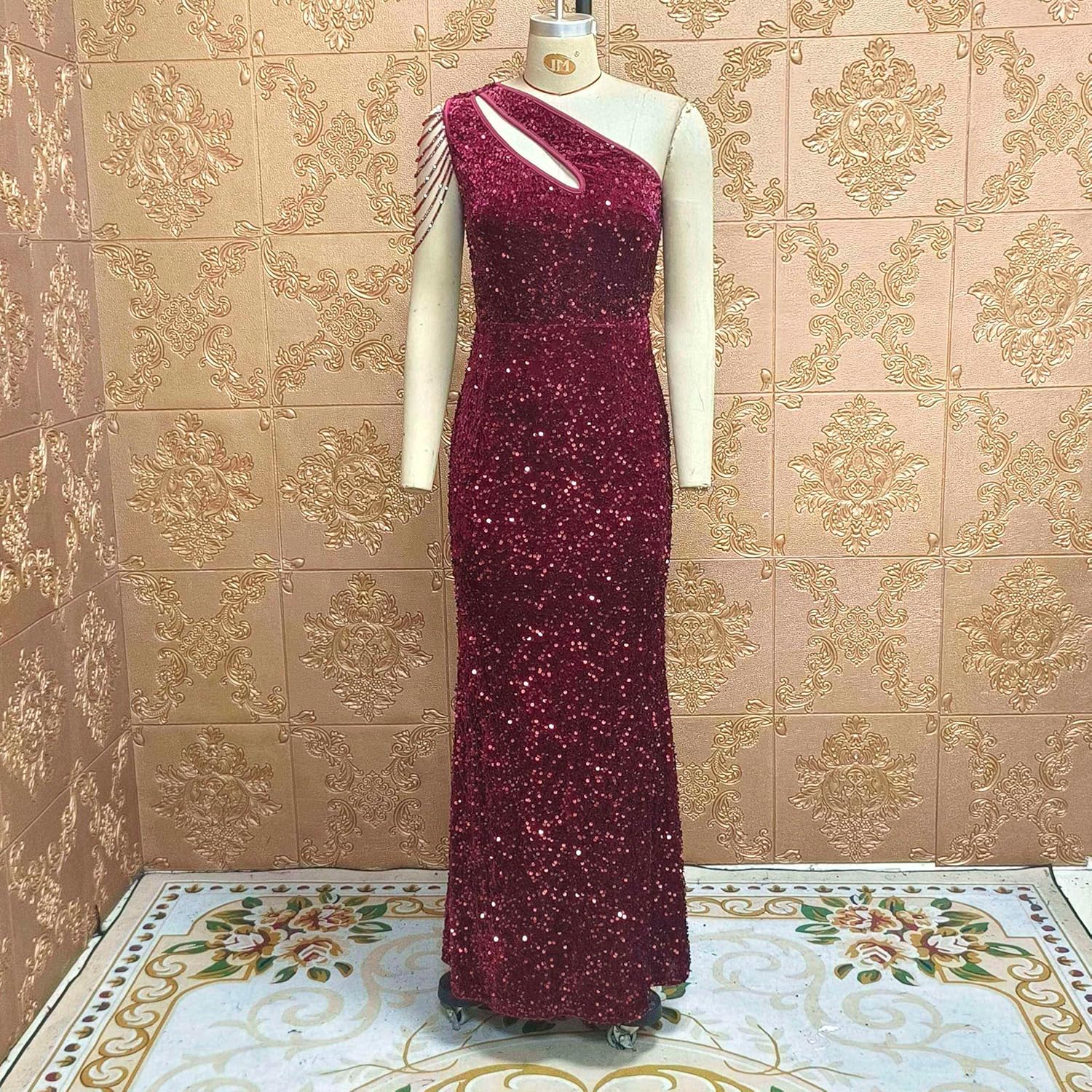 Cololura Women Sequin Elegant Sexy One Shoulder Tassel Mermaid Bodycon Cocktail Evening Dress