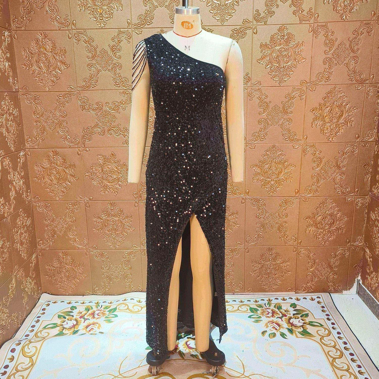 Cololura Women Sequin Elegant Sexy One Shoulder Tassel Mermaid Bodycon Cocktail Evening Dress
