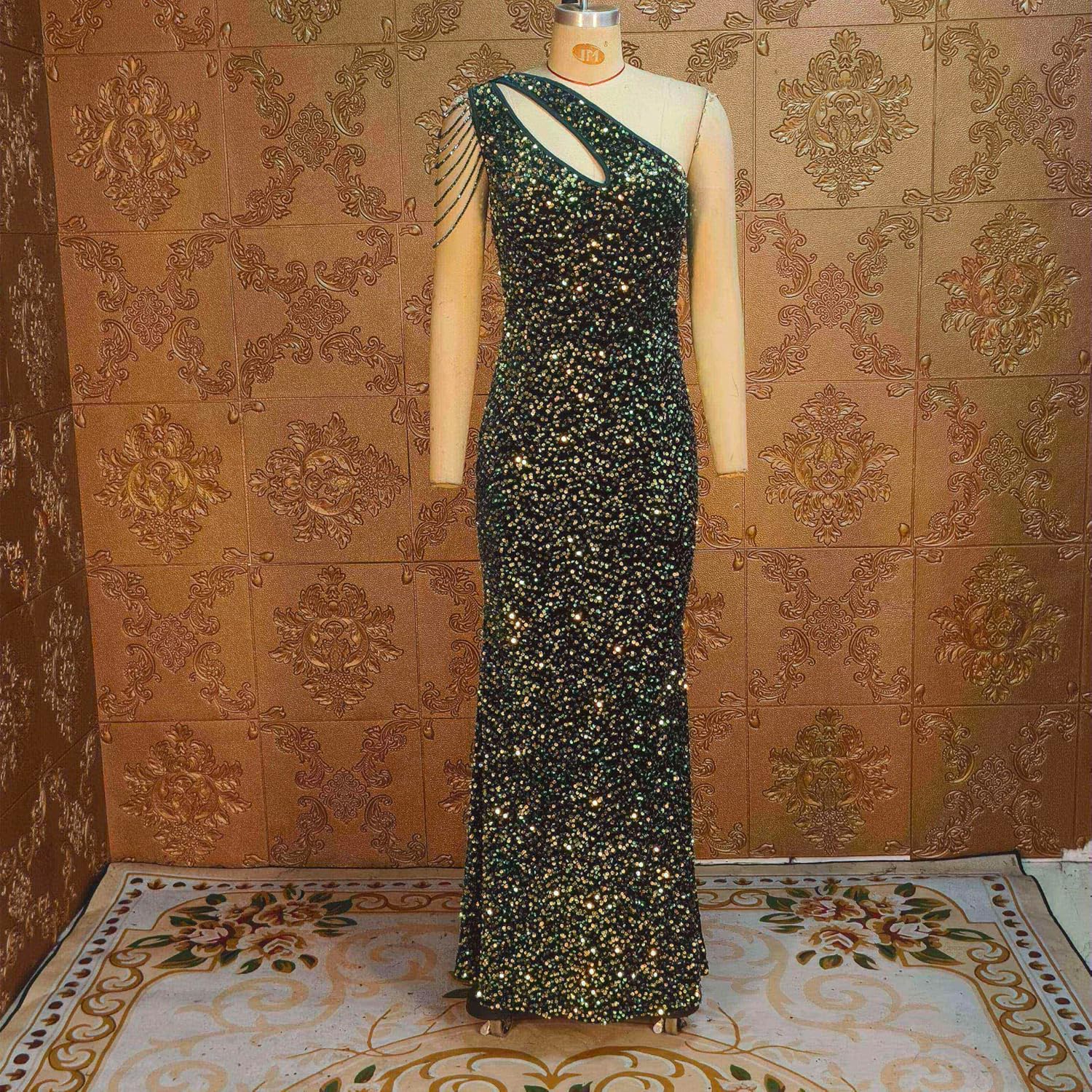 Cololura Women Sequin Elegant Sexy One Shoulder Tassel Mermaid Bodycon Cocktail Evening Dress