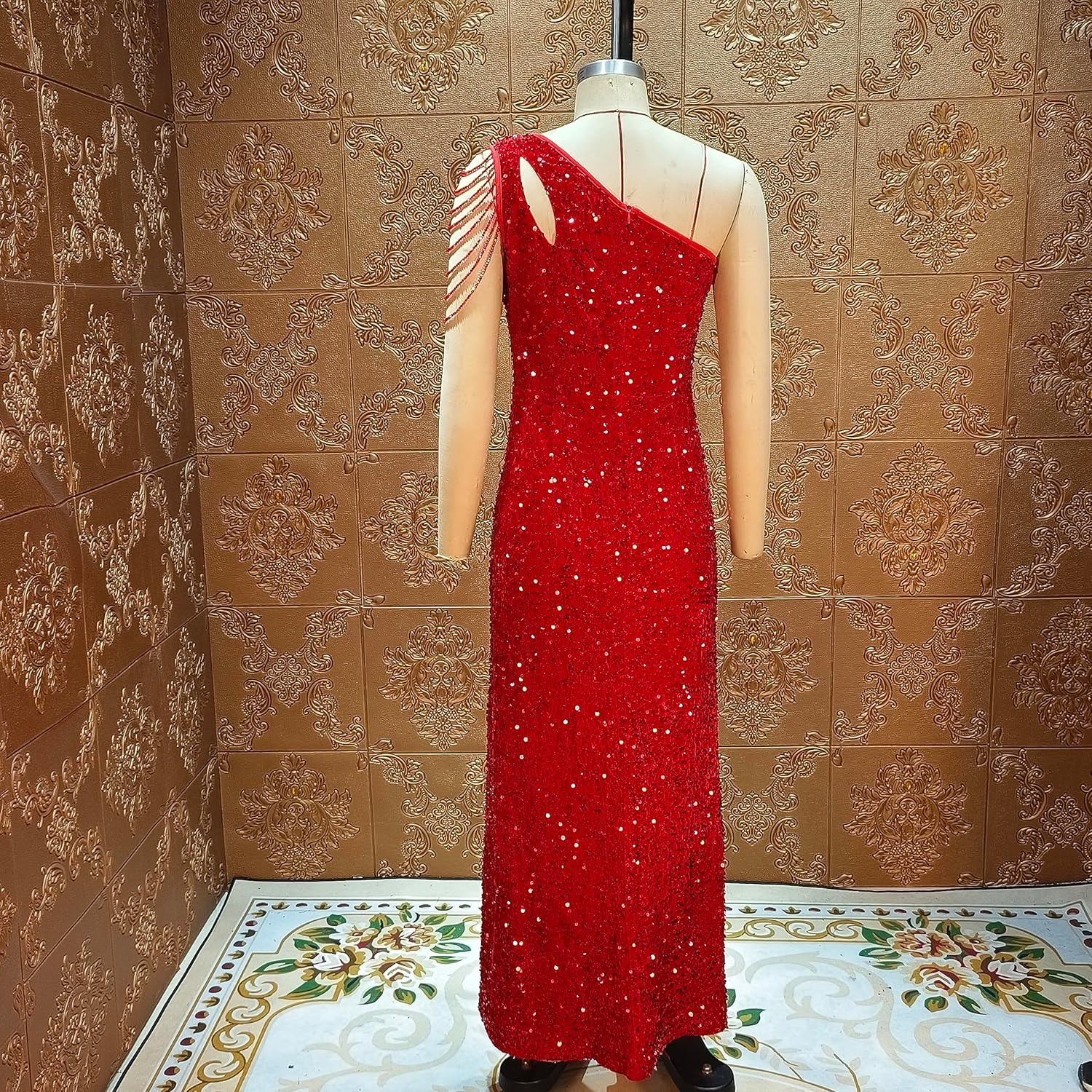 Cololura Women Sequin Elegant Sexy One Shoulder Tassel Mermaid Bodycon Cocktail Evening Dress