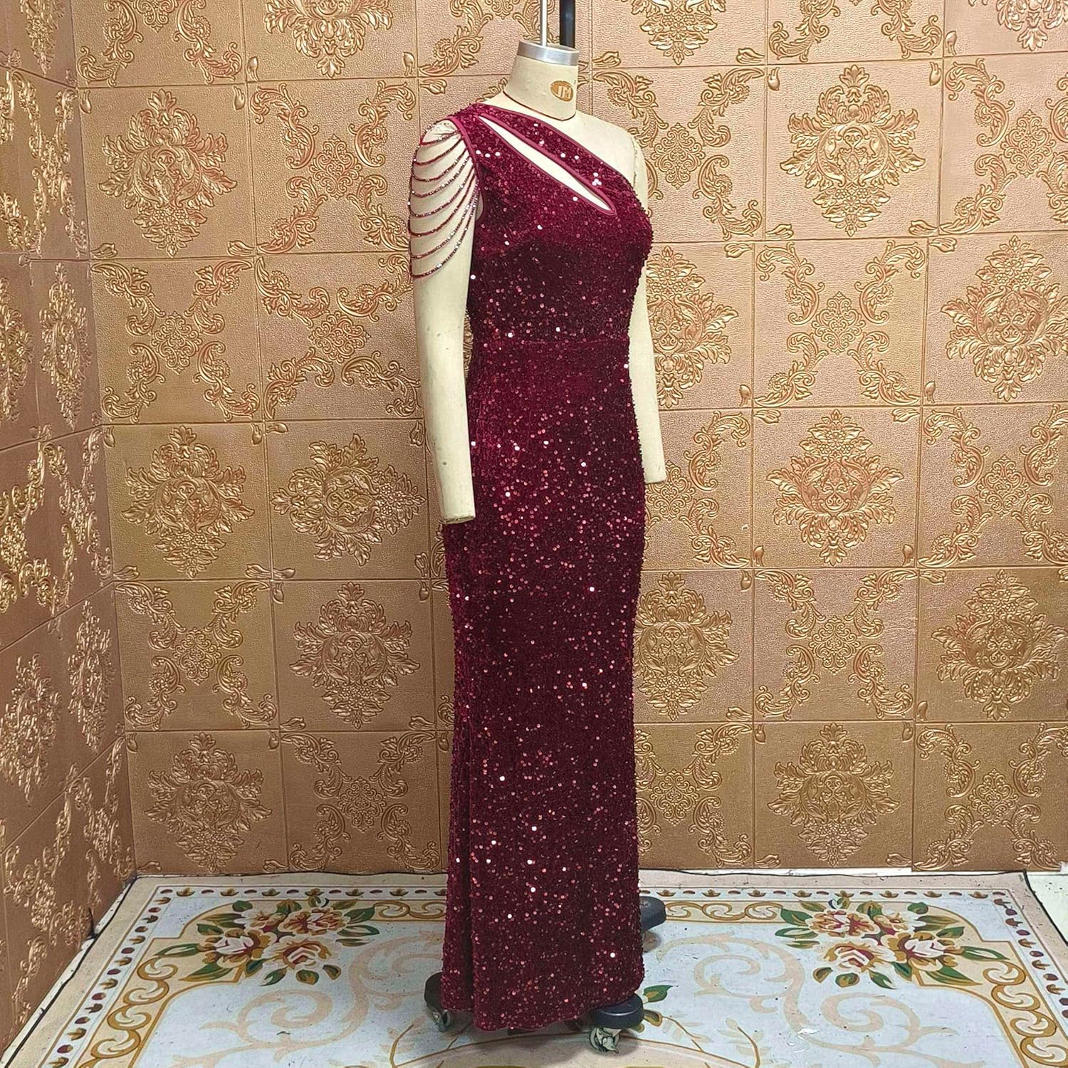 Cololura Women Sequin Elegant Sexy One Shoulder Tassel Mermaid Bodycon Cocktail Evening Dress