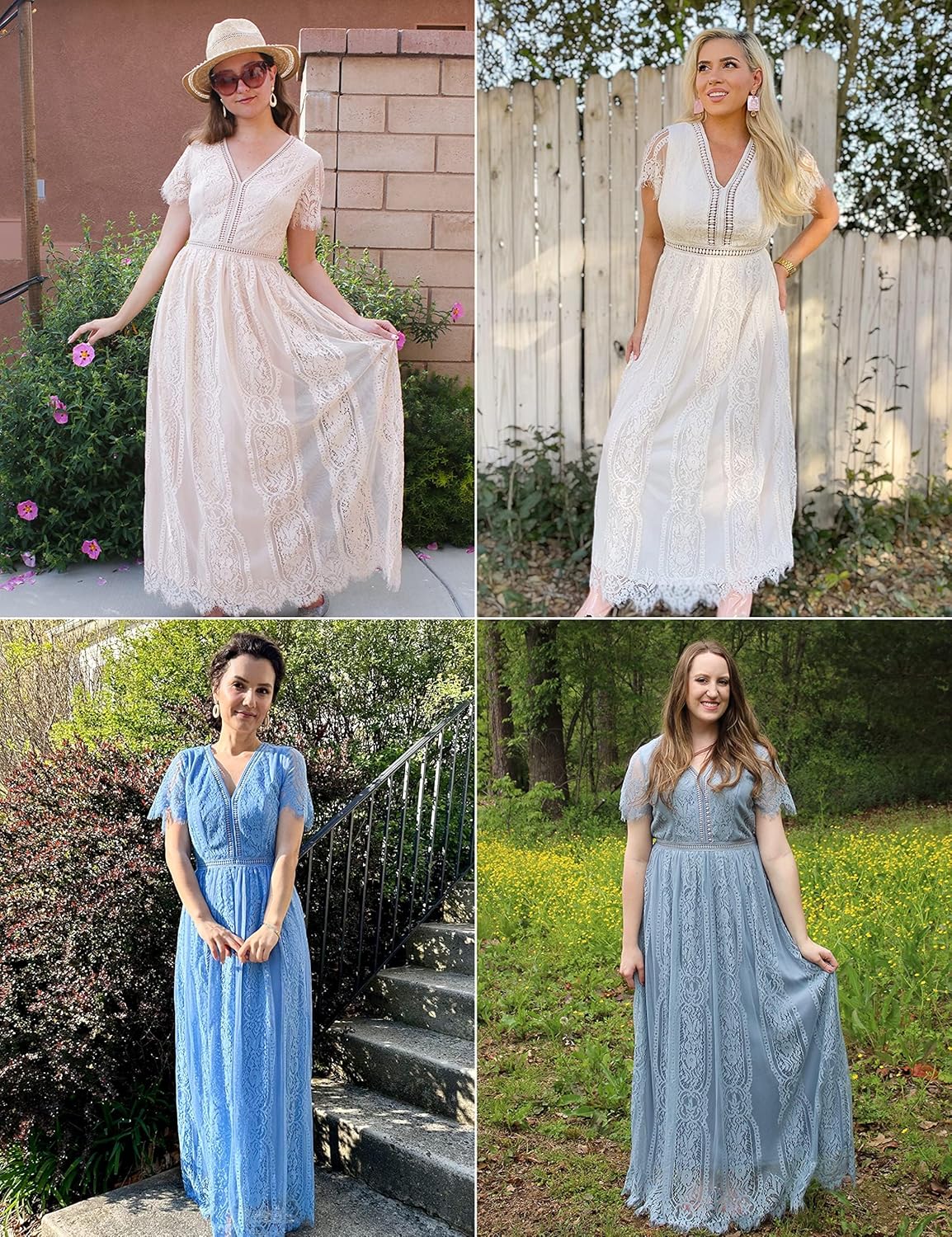 MEROKEETY Women's V Neck Short Sleeve Floral Lace Wedding Dress Bridesmaid Cocktail Party Maxi Dress